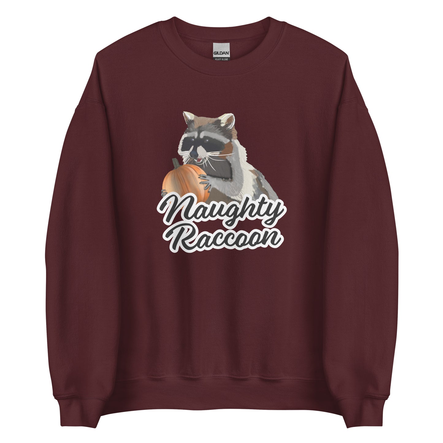 Maroon Naughty Raccoon Pumpkin Sweatshirt from Nina's Funky Shop by ninanush - Love raccoons? Looking for a fun raccoon lover gift? Our Naughty Raccoon Sweatshirt is soft, comfortable and just what you need. It's a unisex, crew neck sweatshirt with a raccoon holding a pumpkin and "Naughty Raccoon", expertly printed on the front. Stand out this spooky season in our funny Raccoon Sweatshirts.