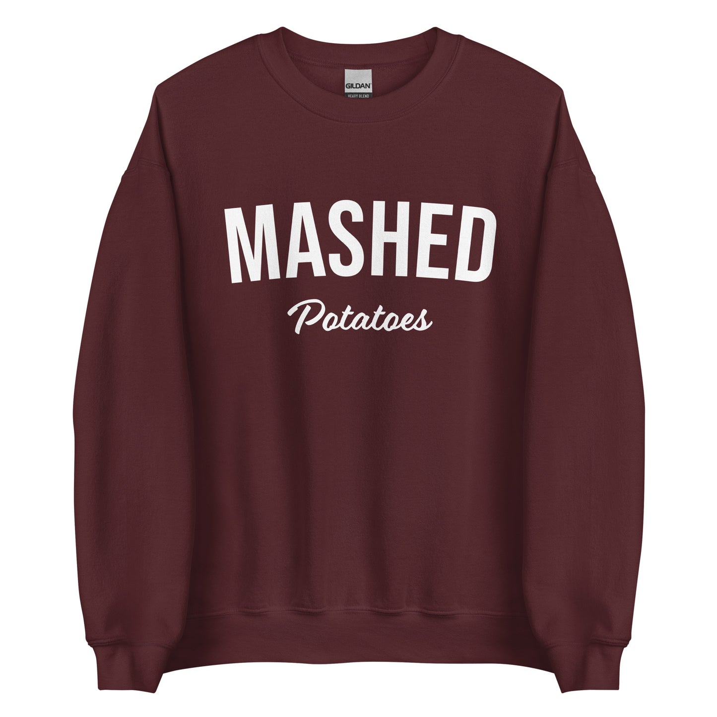 Maroon Mashed Potatoes Sweatshirt from Nina's Funky Shop by ninanush - Do you love mashed potatoes? Looking for a fun potato lover gift? Our Mashed Potatoes Sweatshirt is just what you need. It's a unisex, varsity crew neck sweatshirt that comes in a variety of colors with "Mashed Potatoes" on the front. This mashed potato enthusiast sweatshirt is perfect funky streetwear for foodies.