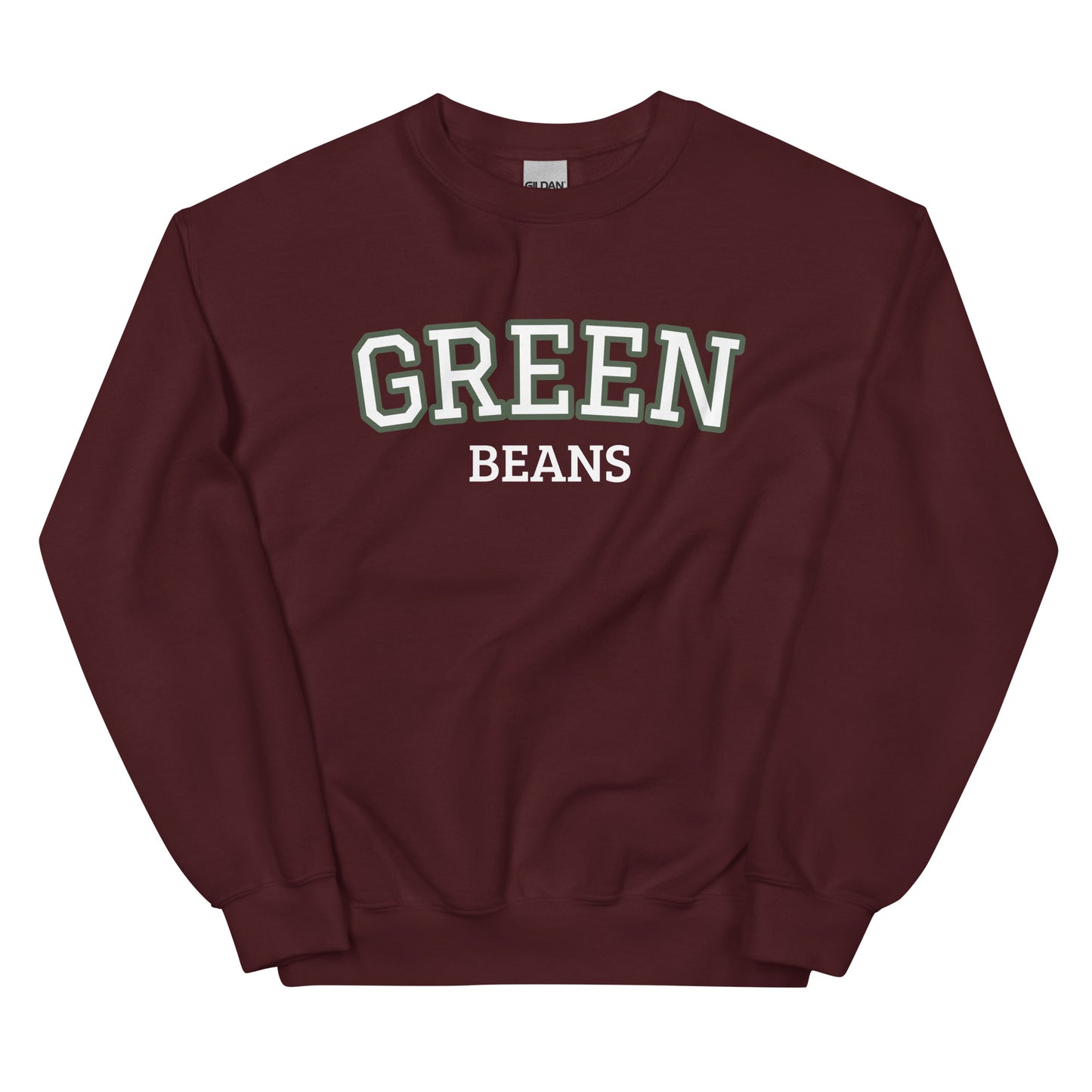 Maroon Green Beans Sweatshirt from Nina's Funky Shop by ninanush - Love green beans? Looking for a funny food gift? Our Green Beans Sweatshirt is just what you need. It's a unisex, varsity crew neck sweatshirt with "Green Beans" on the front. A perfect funny foodie sweatshirt for cozy nights in or funky streetwear, this veggie enthusiast sweatshirt is designed by Nina, just for you.