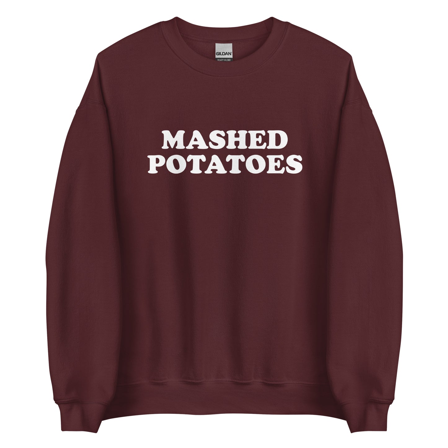 Maroon Mashed Potatoes Sweatshirt from Nina's Funky Shop by ninanush - Do you love mashed potatoes? Looking for a funny gift? Our Mashed Potatoes Crew Neck Sweatshirt is soft, comfortable and just what you need. It's a unisex foodie sweatshirt that comes in a variety of colors with "Mashed Potatoes", expertly printed on the front. A perfect funny foodie sweatshirt for cozy nights in or stand out potato lover streetwear, this mashed potato enthusiast sweatshirt is bold and made just for you.