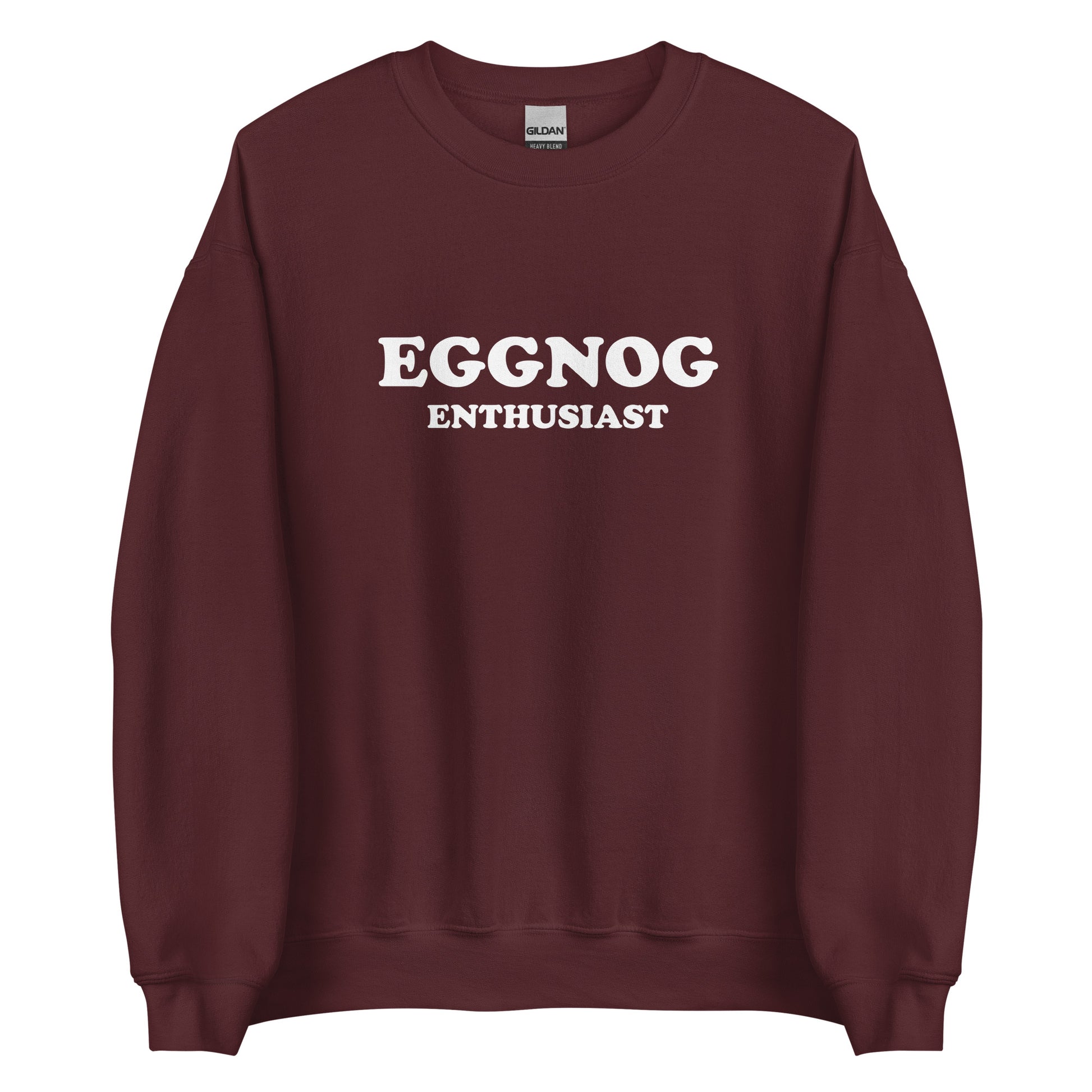 Maroon Eggnog Enthusiast Sweatshirt from Nina's Funky Shop by ninanush - Do you love eggnog? Looking for a funny holiday gift? Our Eggnog Enthusiast Crew Neck Sweatshirt is soft, comfortable and just what you need. It's a unisex sweatshirt that comes in a variety of colors with "Eggnog Enthusiast", expertly printed on the front. A funny foodie sweatshirt for cozy nights in or stand out eggnog lover streetwear.