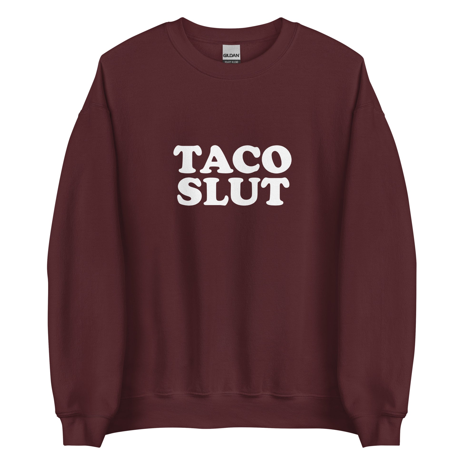 Maroon Taco Slut Sweatshirt from Nina's Funky Shop by ninanush - Do you love tacos? Looking for a funny gift for a friend? Our Taco Slut Crew Neck Sweatshirt is soft, comfortable and just what you need. A funny foodie sweatshirt for cozy nights in or stand out taco lover streetwear. This taco enthusiast sweatshirt is bold and made just for you. Eat tacos and celebrate your favorite foods.