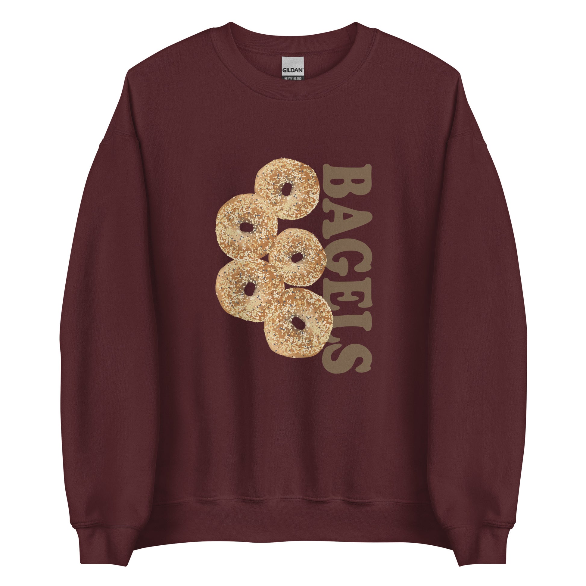 Maroon Everything Bagels Sweatshirt from Nina's Funky Shop by ninanush - Do you love bagels? Looking for a funny gift? Our Bagels Crew Neck Sweatshirt is soft, comfortable and just what you need. It's a unisex foodie sweatshirt that comes in a variety of colors with everything bagels, expertly printed on the front. A funny foodie sweatshirt for cozy nights in or statement bagel lover streetwear.