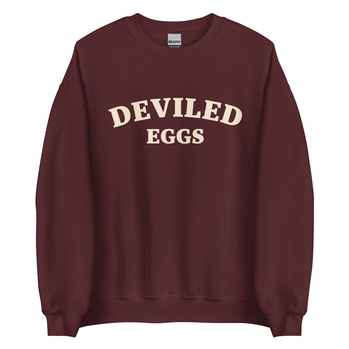 Maroon Deviled Eggs Sweatshirt from Nina's Funky Shop by ninanush - Love Deviled eggs? Looking for a funny foodie gift? A funny college style deviled egg sweatshirt for foodies and beyond. It's a soft and comfortable crew neck sweatshirt with a unique and funny food design. A perfect sweatshirt for deviled egg lovers and quirky gift for foodies. Eat deviled eggs and make a statement. It's funny, weird and sure to turn heads.