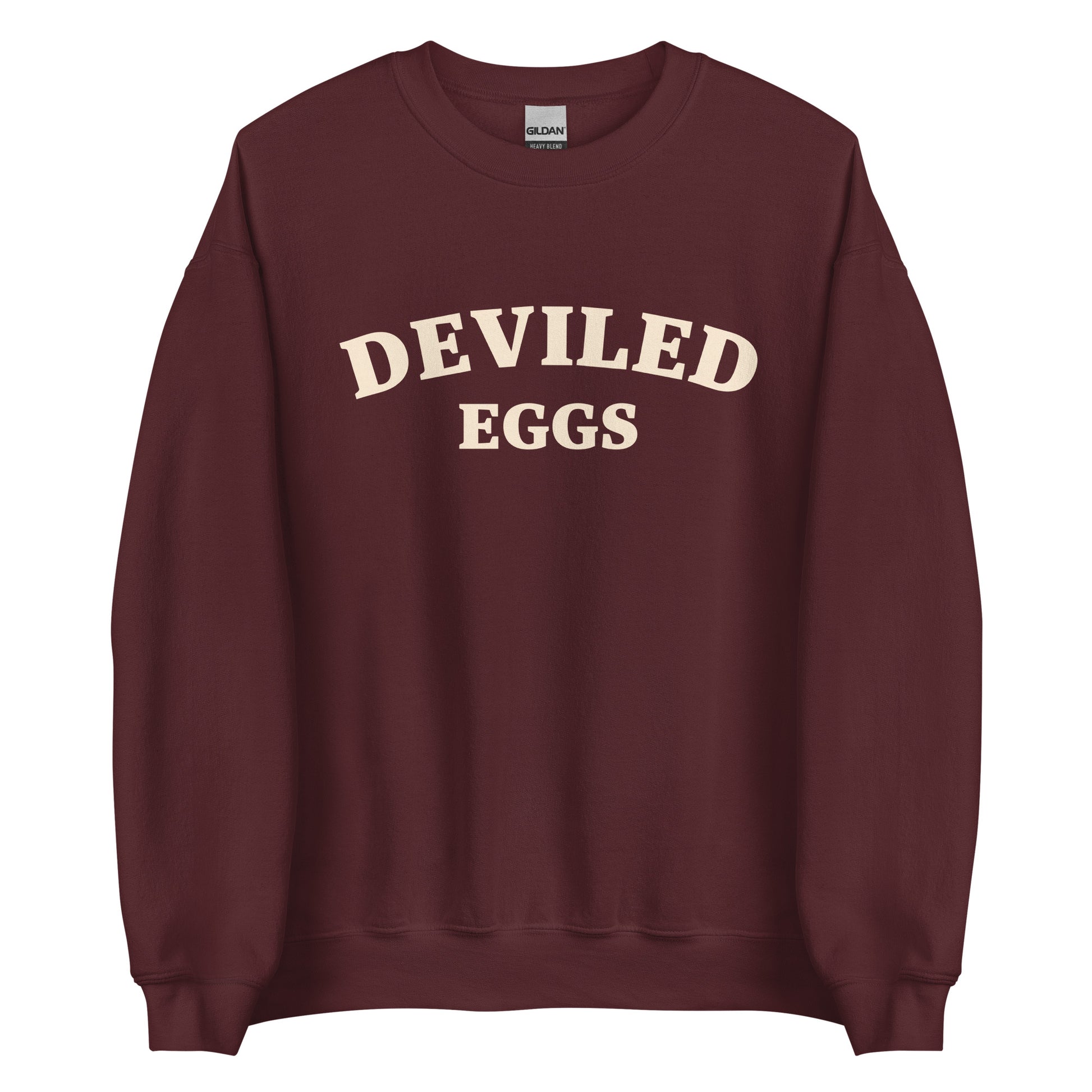 Maroon Deviled Eggs Sweatshirt from Nina's Funky Shop by ninanush - Love Deviled eggs? Looking for a funny foodie gift? A funny college style deviled egg sweatshirt for foodies and beyond. It's a soft and comfortable crew neck sweatshirt with a unique and funny food design. A perfect sweatshirt for deviled egg lovers and quirky gift for foodies. Eat deviled eggs and make a statement. It's funny, weird and sure to turn heads.