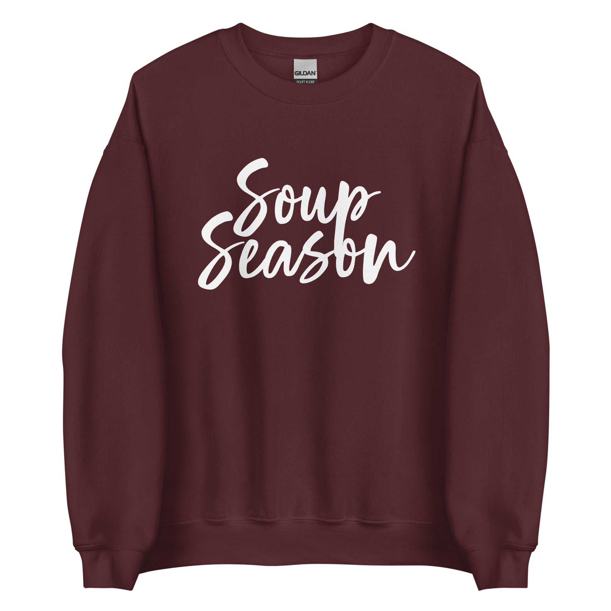 Maroon Soup Season Sweatshirt from Nina's Funky Shop by ninanush - Do you love soup? Looking for a funny gift? Our Soup Season Crewneck Sweatshirt is soft, comfortable and just what you need. It's a unisex sweatshirt that comes in a variety of colors with "Soup Season", expertly printed on the front. A unique and funny soup sweatshirt for cozy nights in or stand out soup lover streetwear. This quirky sweatshirt is designed by Nina and made just for you.