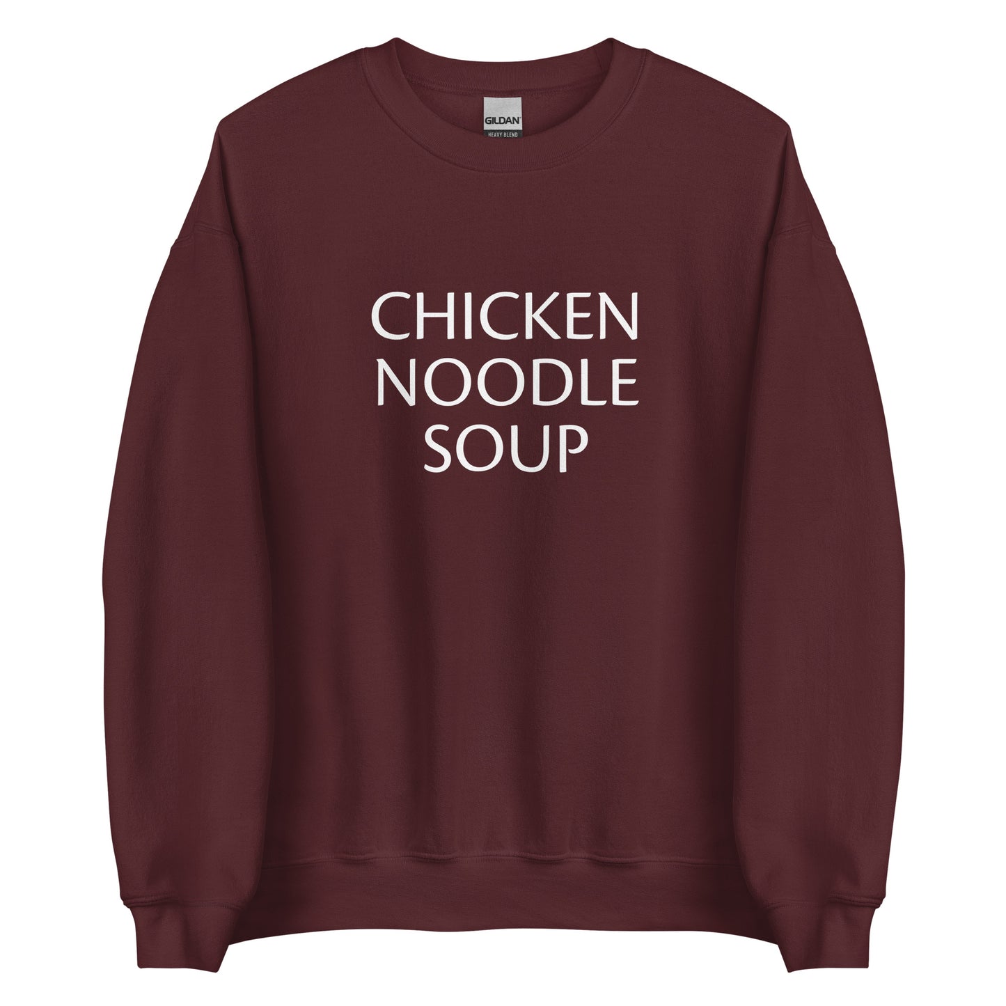 Maroon Chicken Noodle Soup Sweatshirt from Nina's Funky Shop by ninanush - Do you love soup? Looking for a funny gift for a friend? Our Chicken Noodle Soup Crewneck Sweatshirt is soft, comfortable and just what you need. It's a unisex foodie sweatshirt that comes in a variety of colors with "Chicken Noodle Soup", expertly printed on the front. A perfect funny foodie sweatshirt for cozy nights in or stand out soup lover streetwear. This soup enthusiast sweatshirt is made just for you.