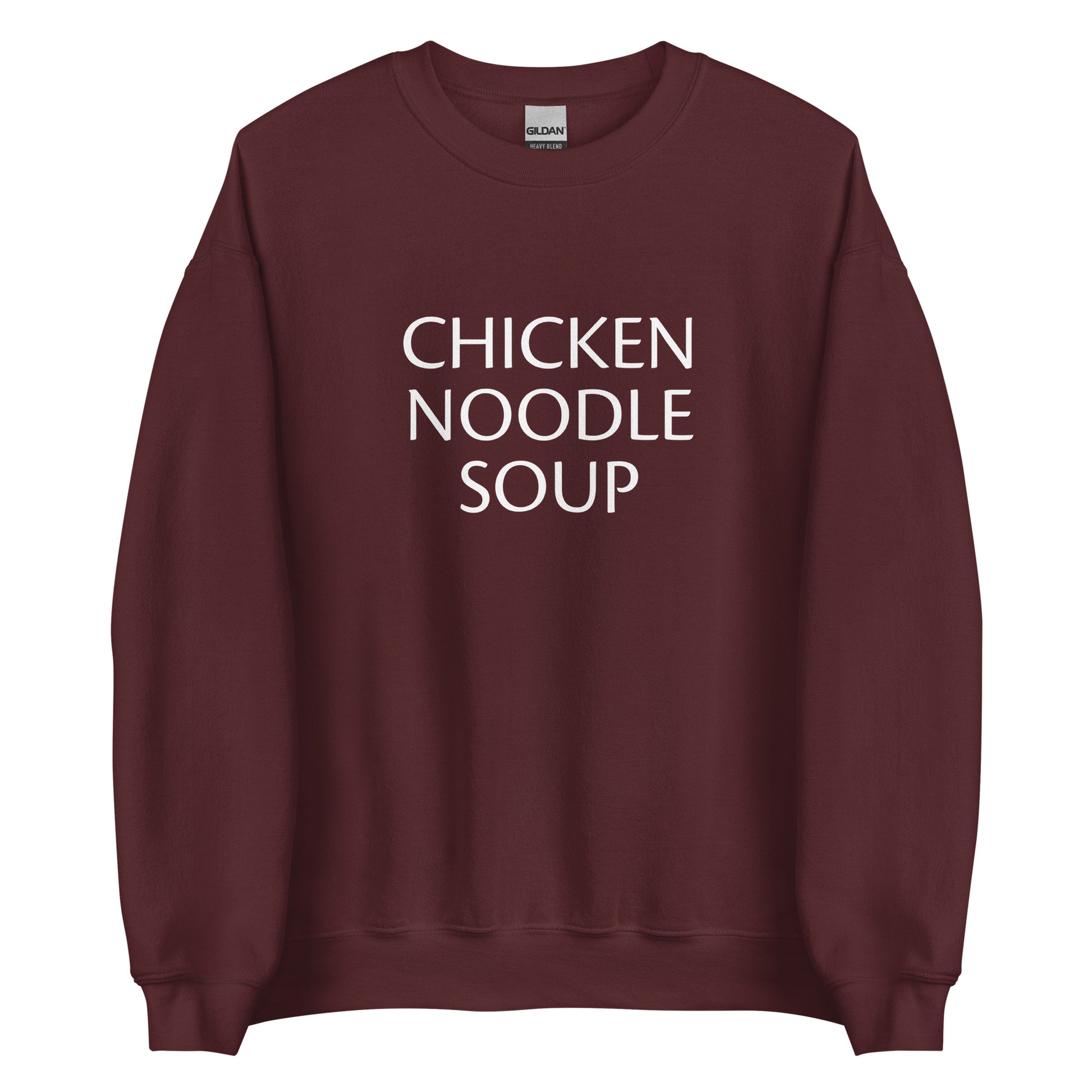 Maroon Chicken Noodle Soup Sweatshirt from Nina's Funky Shop by ninanush - Do you love soup? Looking for a funny gift for a friend? Our Chicken Noodle Soup Crewneck Sweatshirt is soft, comfortable and just what you need. It's a unisex foodie sweatshirt that comes in a variety of colors with "Chicken Noodle Soup", expertly printed on the front. A perfect funny foodie sweatshirt for cozy nights in or stand out soup lover streetwear. This soup enthusiast sweatshirt is made just for you.