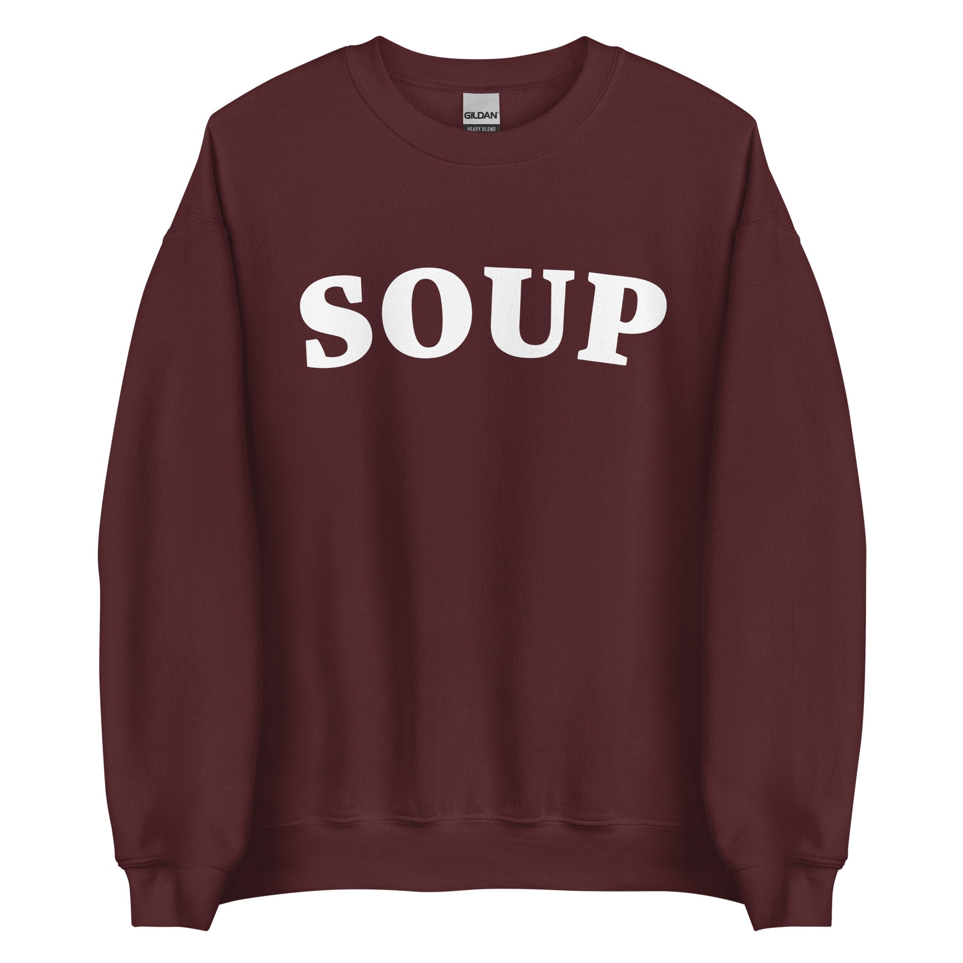 Maroon Soup Crewneck Sweatshirt from Nina's Funky Shop by ninanush - Do you love soup? Looking for a funny gift? Our Soup Crewneck Sweatshirt is soft, comfortable and just what you need. It's a unisex foodie sweatshirt that comes in a variety of colors with "Soup", expertly printed in bold letters on the front. Eat your favorite soup in this funny varsity style sweatshirt. It's designed by Nina and made just for you.