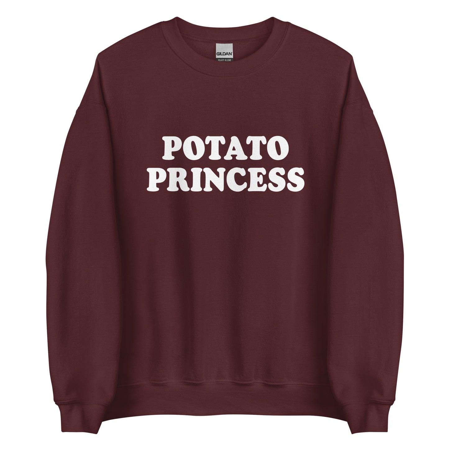 Maroon potato princess crewneck sweatshirt from Nina's Funky Shop by ninanush - Do you love potatoes? Looking for a funny gift for a friend? Our Potato Crewneck Sweatshirt is just what you need. It's a unisex potato sweatshirt with "Potato Princess" on the front. A funny foodie sweatshirt for cozy nights in or stand out potato lover streetwear. This potato enthusiast sweatshirt is bold and made just for you.