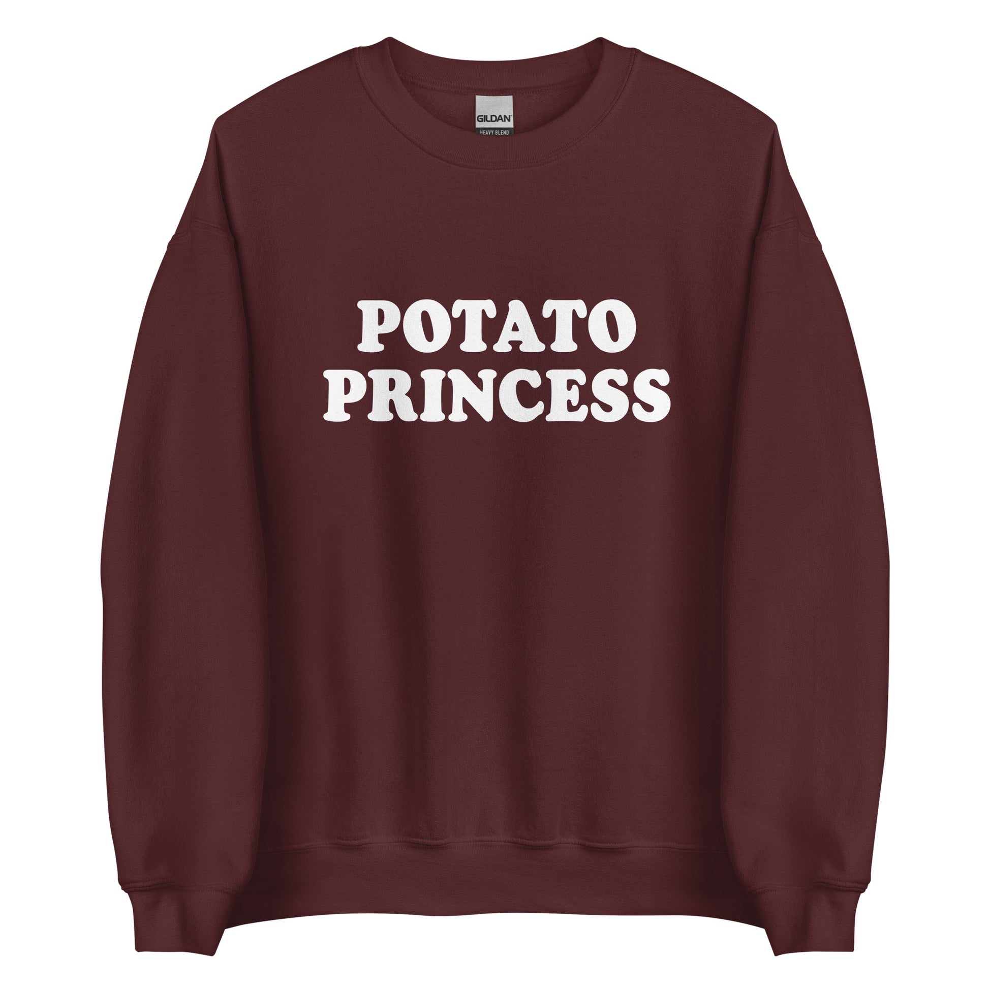 Maroon potato princess crewneck sweatshirt from Nina's Funky Shop by ninanush - Do you love potatoes? Looking for a funny gift for a friend? Our Potato Crewneck Sweatshirt is just what you need. It's a unisex potato sweatshirt with "Potato Princess" on the front. A funny foodie sweatshirt for cozy nights in or stand out potato lover streetwear. This potato enthusiast sweatshirt is bold and made just for you.