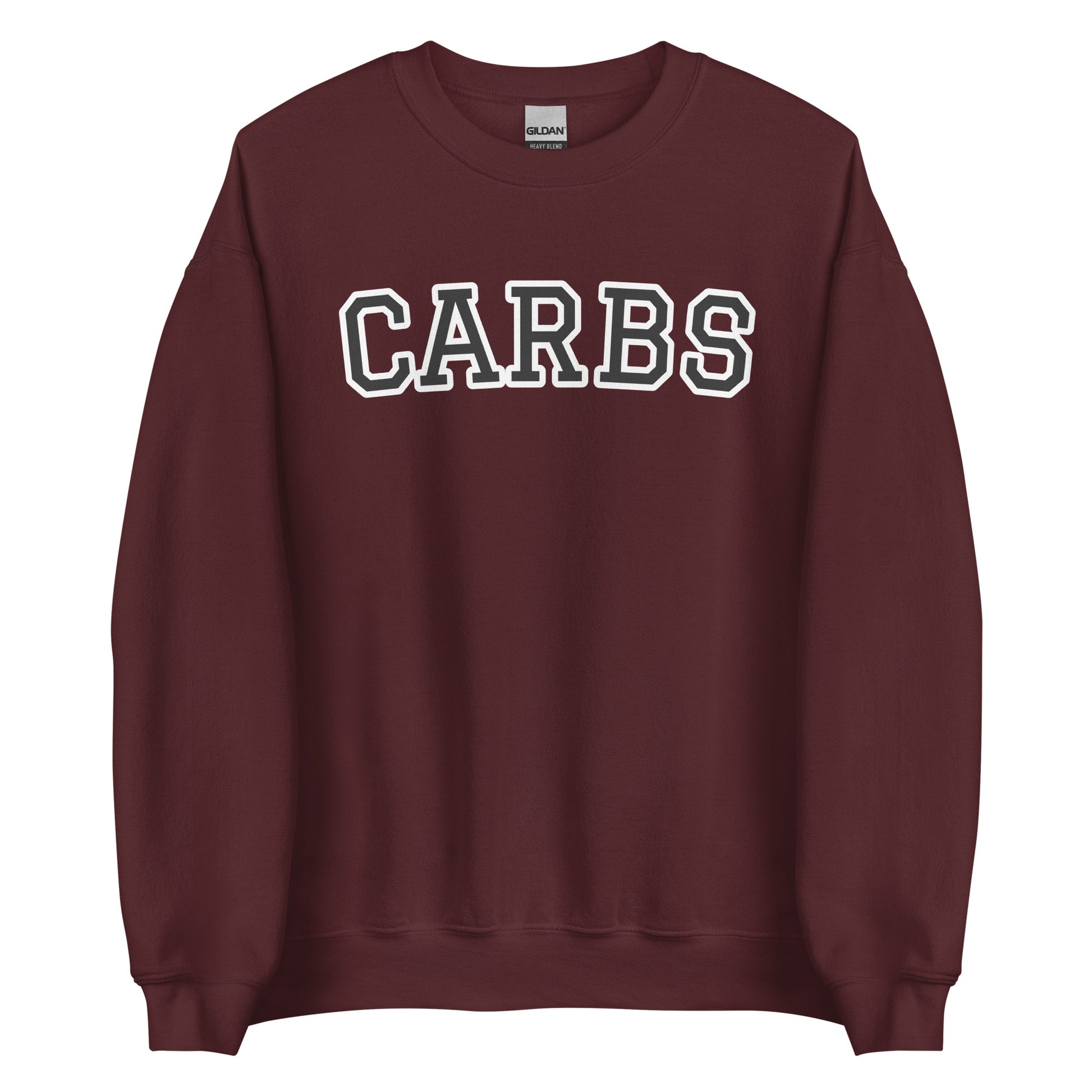 Maroon Carb Sweatshirt from Nina's Funky Shop by ninanush - Do you love carbs? Looking for a funny foodie gift? Our Carbs Crewneck Sweatshirt is soft, comfortable and just what you need. It's a unisex food lover sweatshirt that comes in a variety of colors with "Carbs", expertly printed on the front in bold letters. A funny foodie sweatshirt or quirky streetwear for carb enthusiasts.