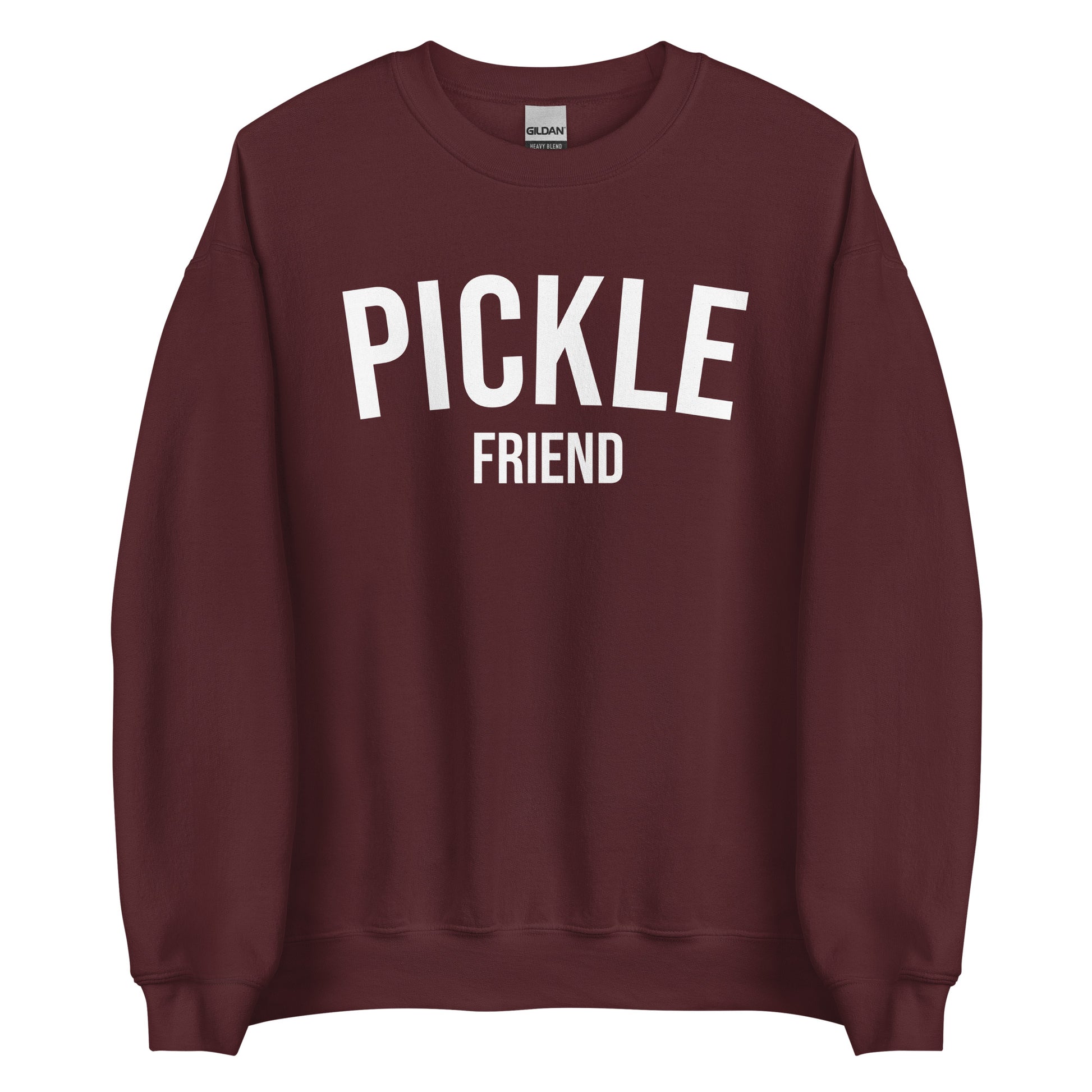 Maroon Pickle Friend Sweatshirt from Nina's Funky Shop by ninanush - Love pickles? Looking for a funny pickle gift? Our Pickle Friend Crewneck Sweatshirt is just what you need. It's a unisex pickle sweatshirt with "Pickle Friend" on the front. A funny foodie sweatshirt or quirky streetwear for pickle lovers. This varsity style pickle sweatshirt is designed by Nina and made just for you.