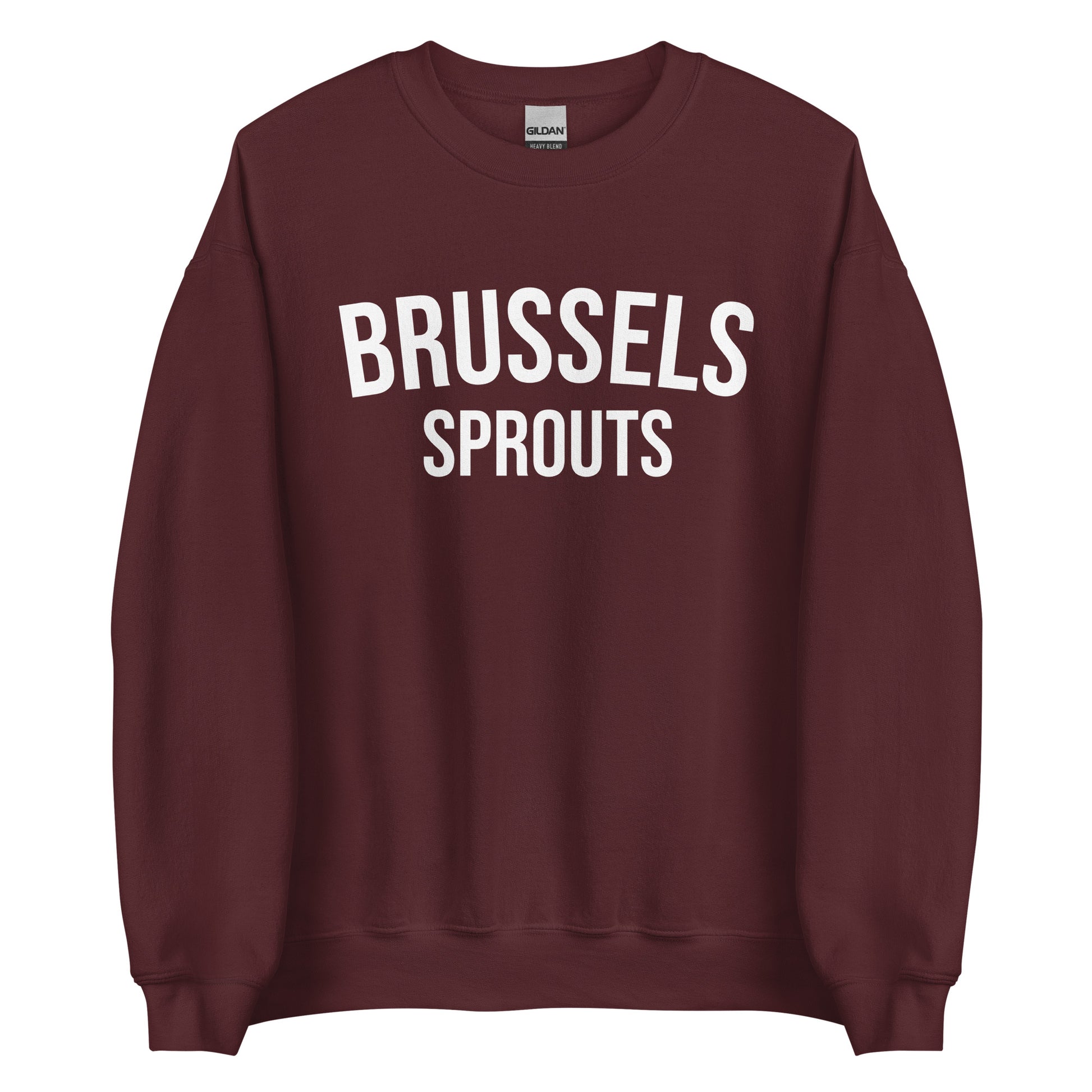 Maroon Brussels Sprouts Sweatshirt from Nina's Funky Shop by ninanush - Do you love Brussels sprouts? Looking for a funny foodie gift? Our Brussels Sprouts Crewneck Sweatshirt is just what you need. It's a unisex unique sweatshirt with "Brussels Sprouts" on the front. A funny foodie sweatshirt for Brussels Sprouts enthusiasts. This varsity style pickle sweatshirt is designed by Nina.