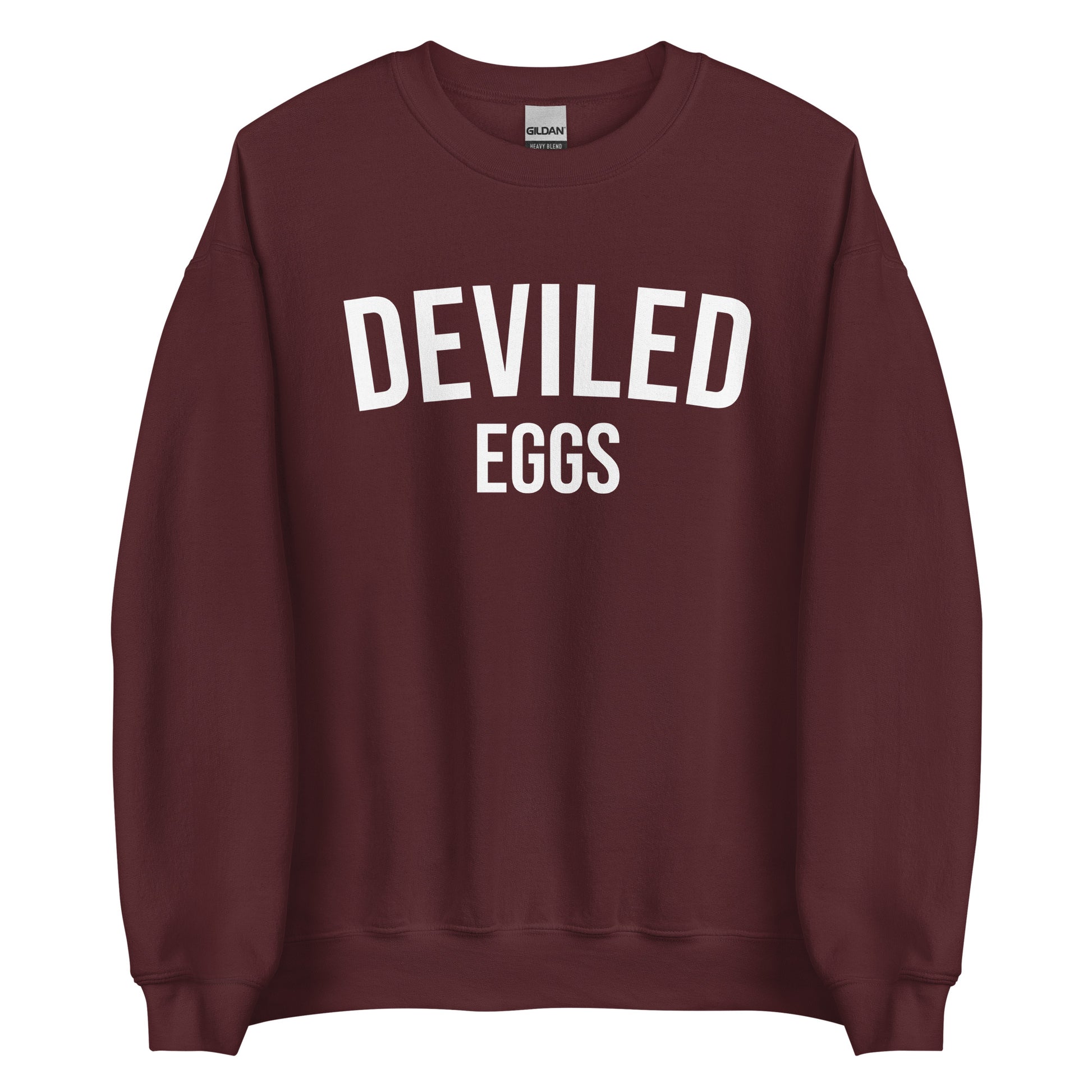 Maroon Deviled Eggs Sweatshirt from Nina's Funky Shop by ninanush - Do you love deviled eggs? Looking for a funny gift for a friend? Our Deviled Eggs Crewneck Sweatshirt is just what you need. It's a unisex weird foodie sweatshirt with "deviled eggs" on the front. A funny foodie sweatshirt for deviled egg lovers. This funny varsity style sweatshirt is designed by Nina.