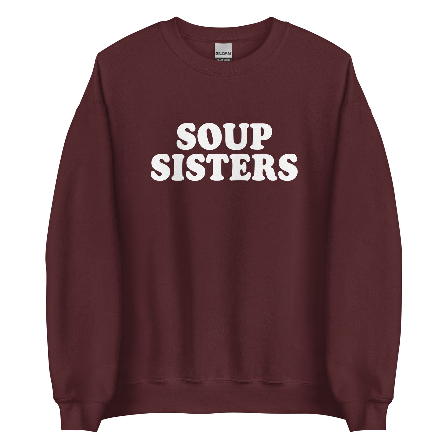 Maroon Soup Sisters Sweatshirt from Nina's Funky Shop by ninanush - Do you love soup? Looking for a funny gift for your sister? Our Soup Sisters Crewneck Sweatshirt is just what you need. It's a unisex funny sisters sweatshirt with "soup sisters" on the front. A funny foodie sweatshirt for soup enthusiasts and foodie gift for sisters. This varsity style sweatshirt is designed by Nina, just for you.