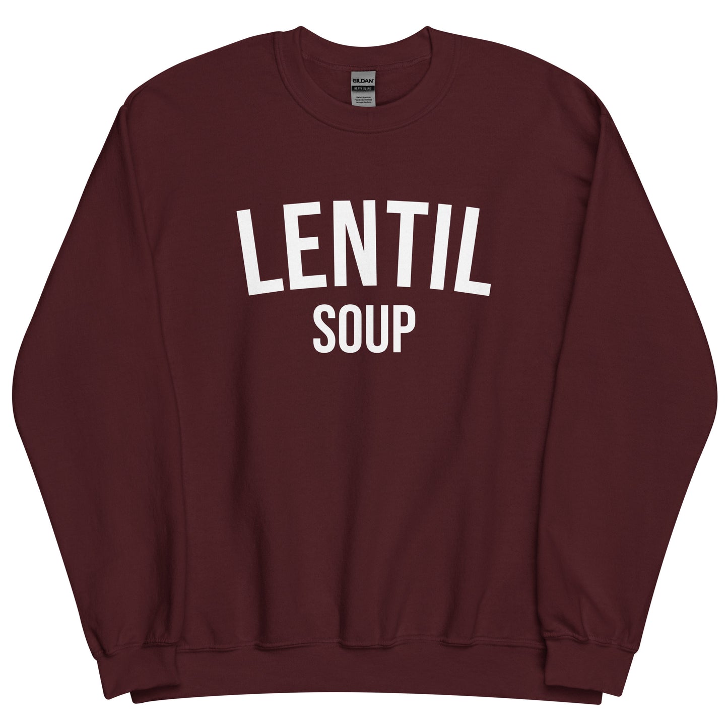 Maroon Lentil Soup Sweatshirt from Nina's Funky Shop by ninanush - Do you love lentil soup? Looking for a funny gift? Our Lentil Soup Crewneck Sweatshirt is just what you need. It's a unisex soup lover sweatshirt with "lentil soup" on the front. A funny foodie sweatshirt for soup enthusiasts and a quirky sweatshirt foodies of all kinds. This varsity style sweatshirt is designed by Nina and made just for you.