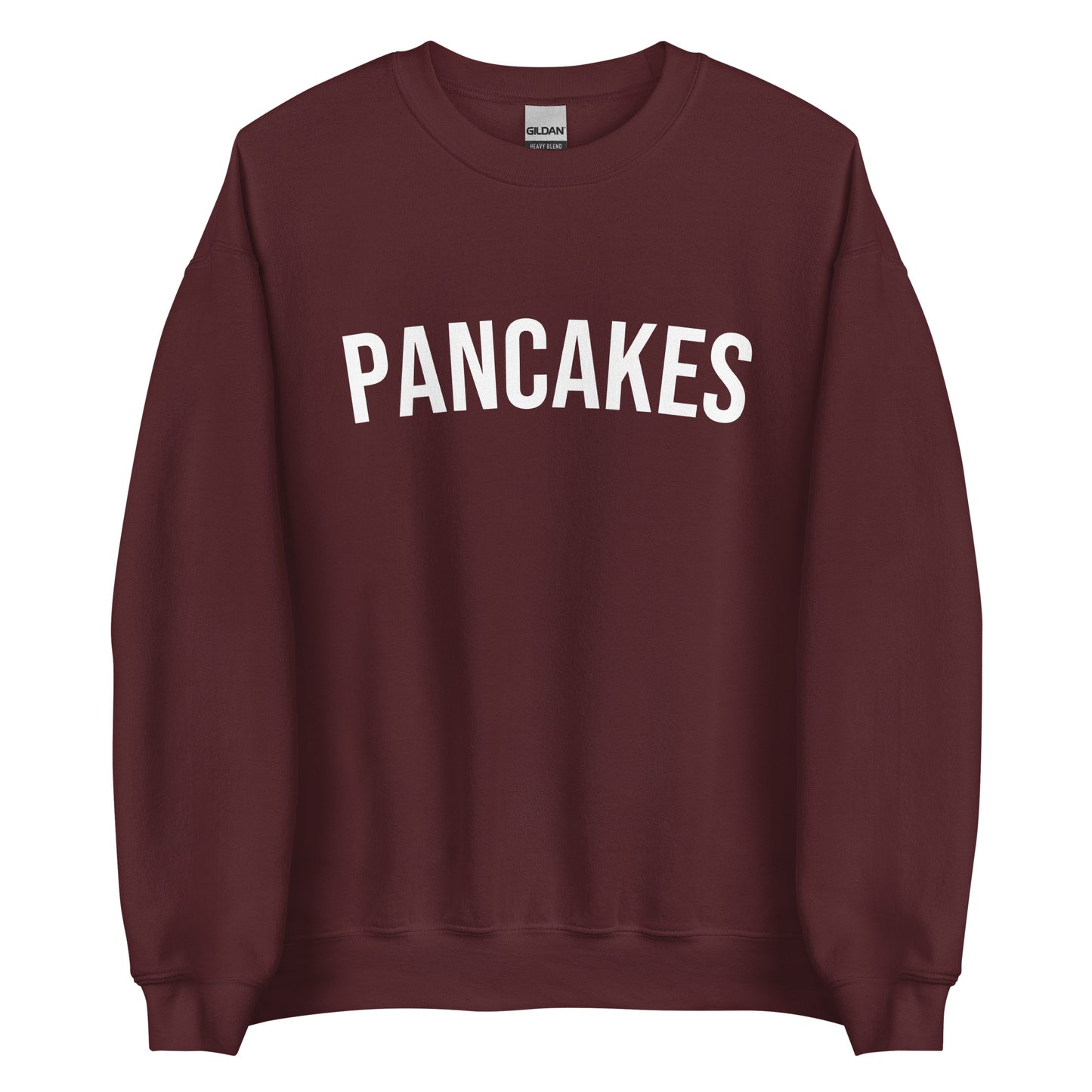 Maroon Pancakes Sweatshirt from Nina's Funky Shop by ninanush - Do you love pancakes? Looking for a funny gift? Our pancakes Crewneck Sweatshirt is soft, comfortable and just what you need. It's a pancake lover sweatshirt with "pancakes" on the front. A funny foodie sweatshirt for breakfast enthusiasts and foodies. This varsity style sweatshirt is designed by Nina and made just for you.