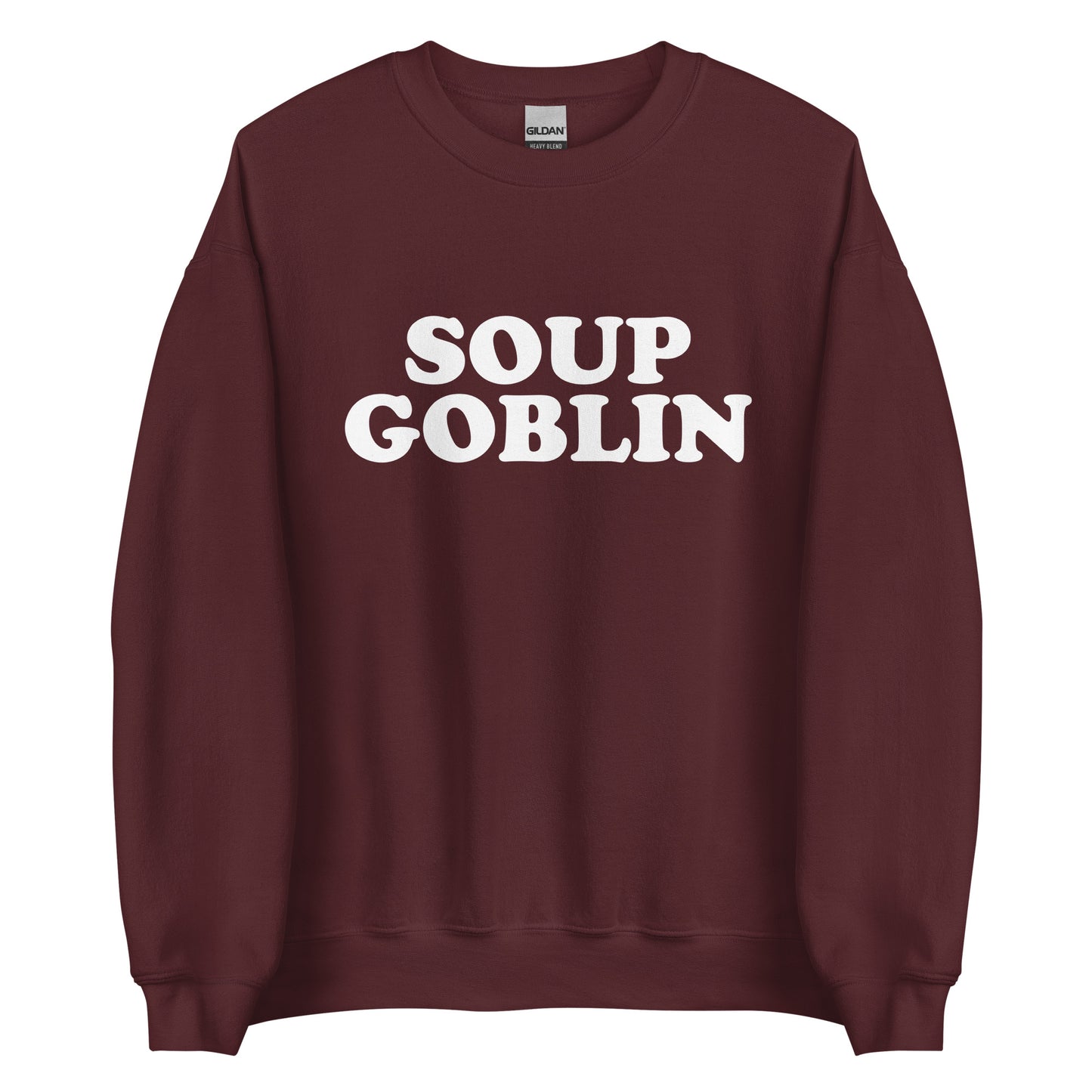 Maroon Soup Goblin Sweatshirt from Nina's Funky Shop by ninanush - Are you a soup goblin? Looking for a funny foodie gift? Our Soup Goblin Crewneck Sweatshirt is soft, comfortable and just what you need. It's a unisex soup sweatshirt with "soup goblin", expertly printed on the front. A funny foodie sweatshirt for soup enthusiasts and a quirky sweatshirt for everyday streetwear.