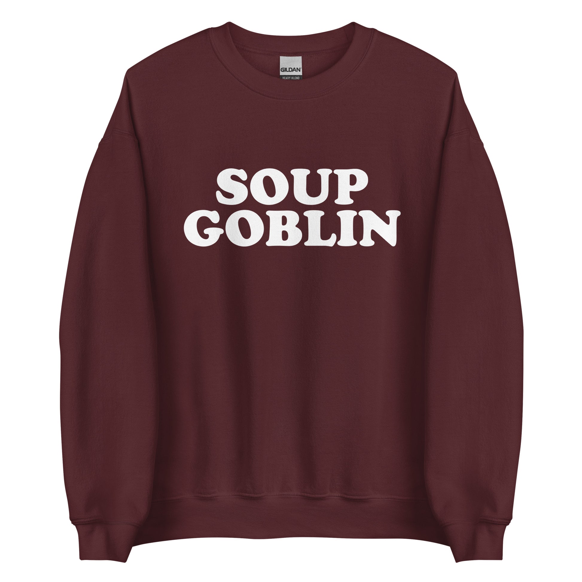 Maroon Soup Goblin Sweatshirt from Nina's Funky Shop by ninanush - Are you a soup goblin? Looking for a funny foodie gift? Our Soup Goblin Crewneck Sweatshirt is soft, comfortable and just what you need. It's a unisex soup sweatshirt with "soup goblin", expertly printed on the front. A funny foodie sweatshirt for soup enthusiasts and a quirky sweatshirt for everyday streetwear.