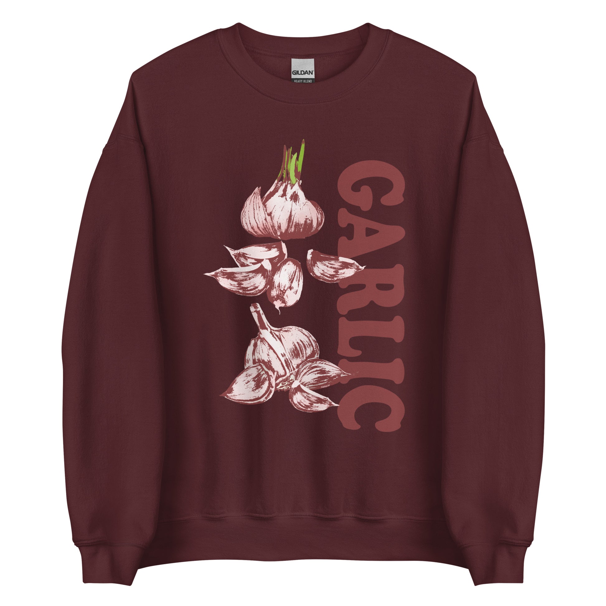 Maroon Garlic Sweatshirt from Nina's Funky Shop by ninanush - Love garlic? Looking for a funky gift for garlic lovers? Our Garlic Crewneck Sweatshirt is soft, comfortable and just what you need. It's a unisex sweatshirt with a unique, hand drawn garlic design expertly printed on the front. A funny foodie sweatshirt for cozy nights in or stand out streetwear for garlic enthusiasts.