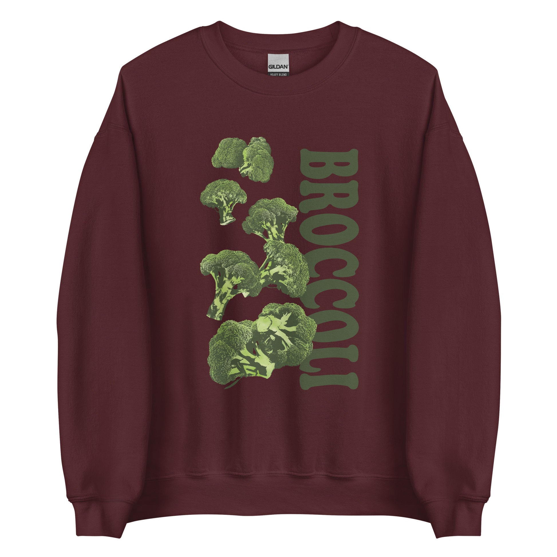 Maroon Broccoli Sweatshirt from Nina's Funky Shop by ninanush- Love broccoli? Our Broccoli Crewneck Sweatshirt is soft, comfortable and just what you need. It's a unisex sweatshirt with a unique, hand drawn broccoli design, expertly printed on the front. Perfect for cozy nights in or stand out streetwear for veggie enthusiasts. This funny foodie sweatshirt is designed by Nina and made just for you.