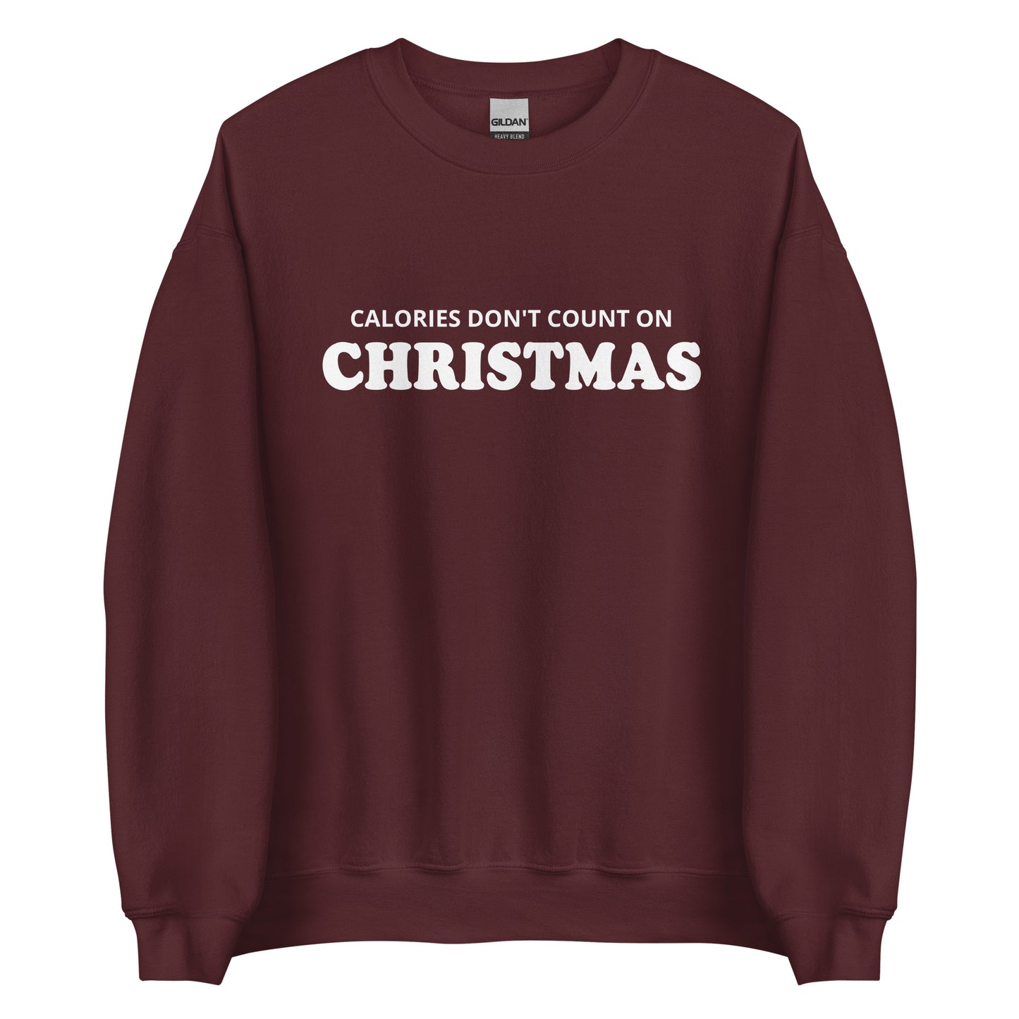 Maroon Calories Don't Count On Christmas Sweatshirt from Nina's Funky Shop by ninanush - Looking for a funny Christmas sweatshirt? A holiday gift for a foodie friend? Our Calories Don't Count On Christmas Sweatshirt is soft, comfortable and made just for you. It comes in a variety of colors with "Calories Don't Count On Christmas", expertly printed on the front. Celebrate your favorite Christmas Food in style.