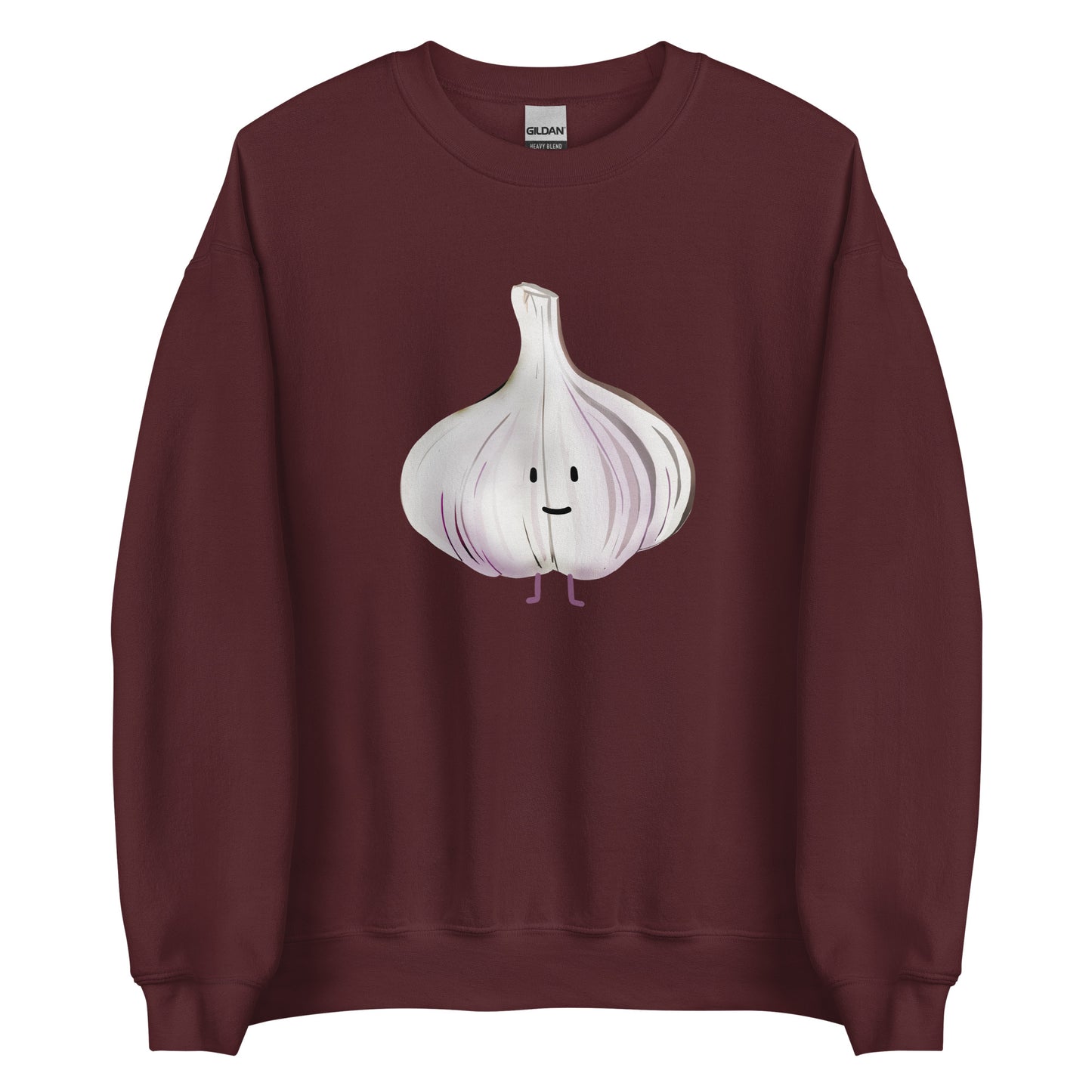 Maroon Garlic Sweatshirt from Nina's Funky Shop by ninanush - Love garlic? Looking for a funky gift for a garlic lover? Our Cute Garlic Crewneck Sweatshirt is soft, comfortable and just what you need. It's a unisex sweatshirt with a unique, hand drawn garlic design, expertly printed on the front. Perfect for cozy nights in or stand out streetwear for garlic enthusiasts.