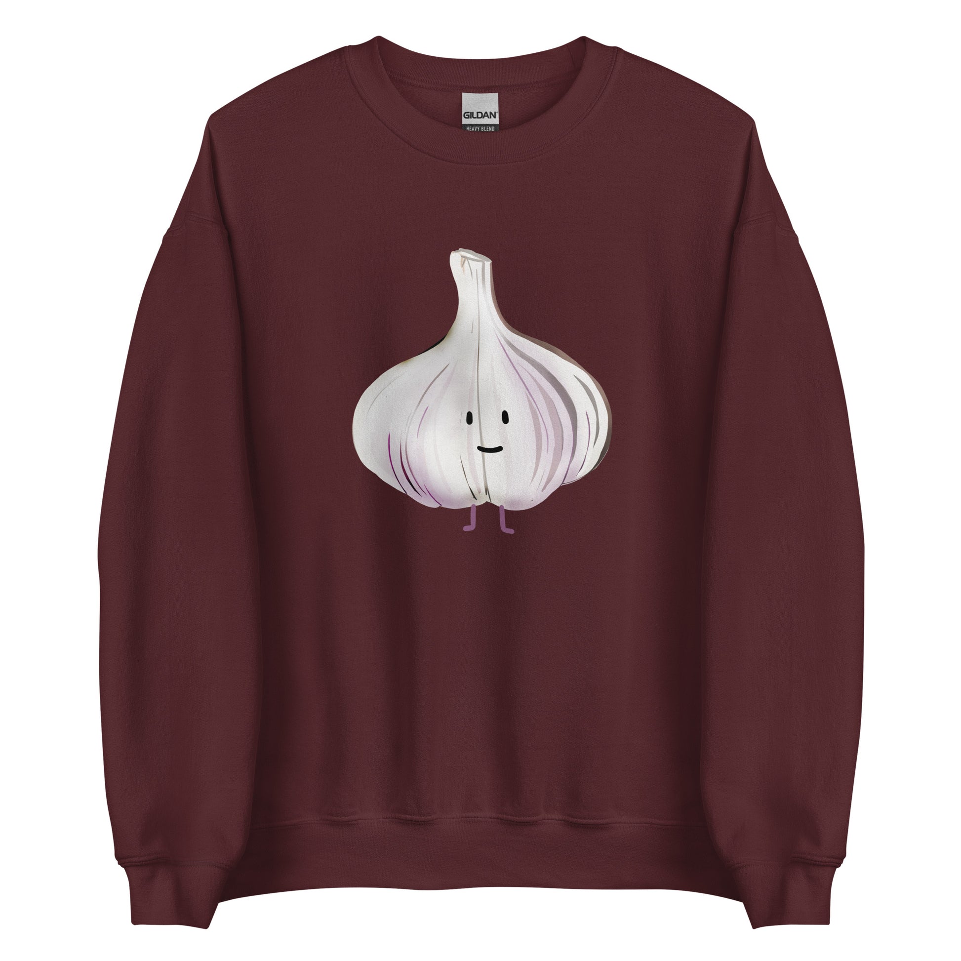 Maroon Garlic Sweatshirt from Nina's Funky Shop by ninanush - Love garlic? Looking for a funky gift for a garlic lover? Our Cute Garlic Crewneck Sweatshirt is soft, comfortable and just what you need. It's a unisex sweatshirt with a unique, hand drawn garlic design, expertly printed on the front. Perfect for cozy nights in or stand out streetwear for garlic enthusiasts.