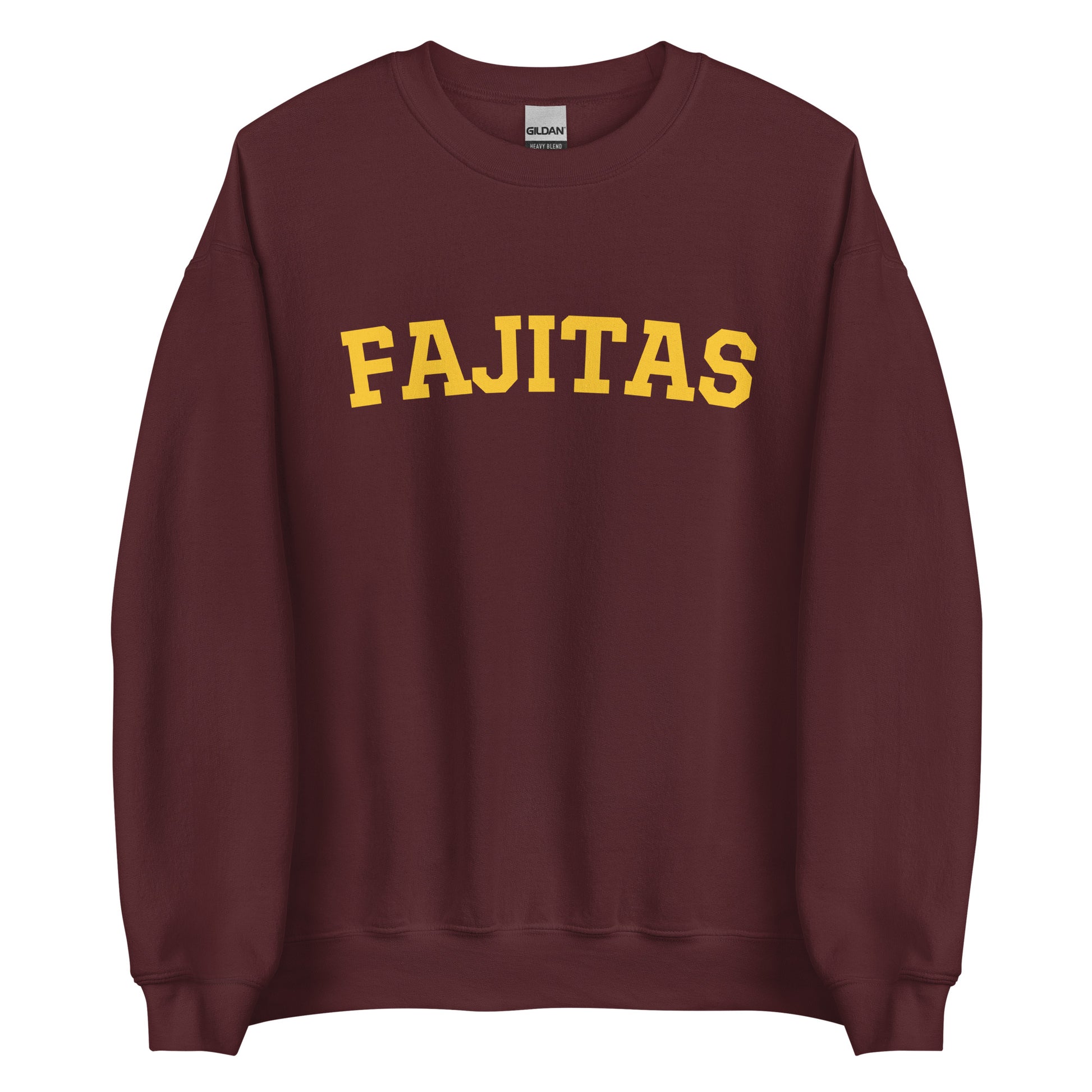 Maroon Fajitas Sweatshirt from Nina's Funky Shop - Love fajitas? Looking for a funny gift? Our Fajitas Crewneck Sweatshirt is soft, comfortable and just what you need for an effortless everyday look. It's a unisex sweatshirt that comes in a variety of colors with "fajitas", expertly printed on the front. The perfect cozy and funny fajita academy sweatshirt for foodies.