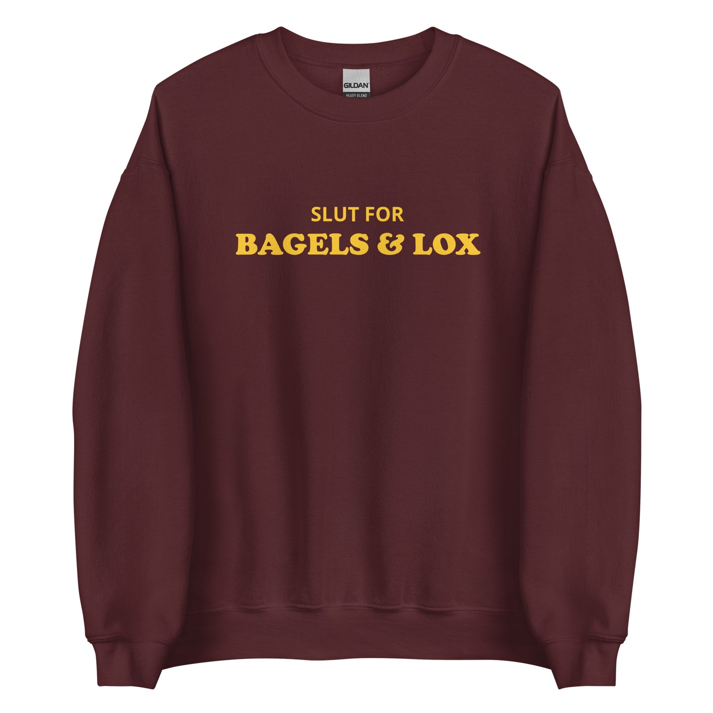 Maroon Bagels and Lox Sweatshirt from Nina's Funky Shop - Love bagels and lox? Looking for a funny gift for a bagel lover? Our Slut For Bagels & Lox Crewneck Sweatshirt is soft, comfortable and just what you need. It's a unisex sweatshirt that comes in a variety of colors with "Slut For Bagels & Lox", expertly printed on the front. The perfect funny bagel sweatshirt for everyday foodies.