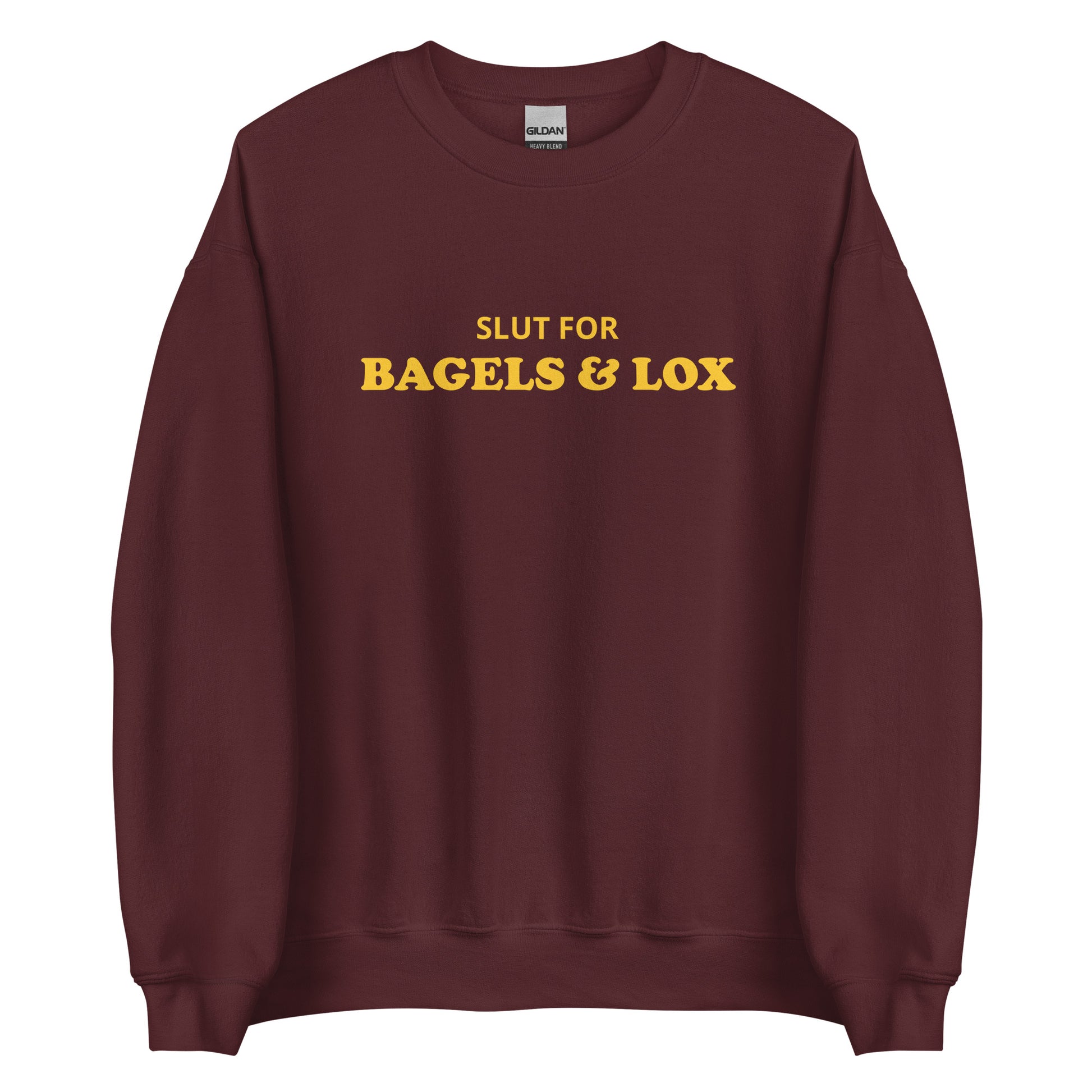 Maroon Bagels and Lox Sweatshirt from Nina's Funky Shop - Love bagels and lox? Looking for a funny gift for a bagel lover? Our Slut For Bagels & Lox Crewneck Sweatshirt is soft, comfortable and just what you need. It's a unisex sweatshirt that comes in a variety of colors with "Slut For Bagels & Lox", expertly printed on the front. The perfect funny bagel sweatshirt for everyday foodies.