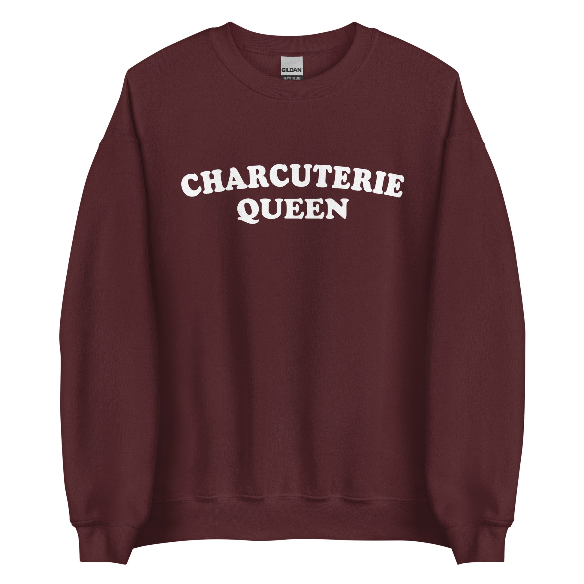 Maroon Charcuterie Queen Crewneck Sweatshirt from Nina's Funky Shop - Love charcuterie? Looking for a funny gift for a charcuterie enthusiast? Our Charcuterie Queen Crewneck Sweatshirt is just what you need. It's a unisex sweatshirt that comes in a variety of colors with "Charcuterie Queen", expertly printed on the front. The perfect funny college style sweatshirt for charcuterie lovers.