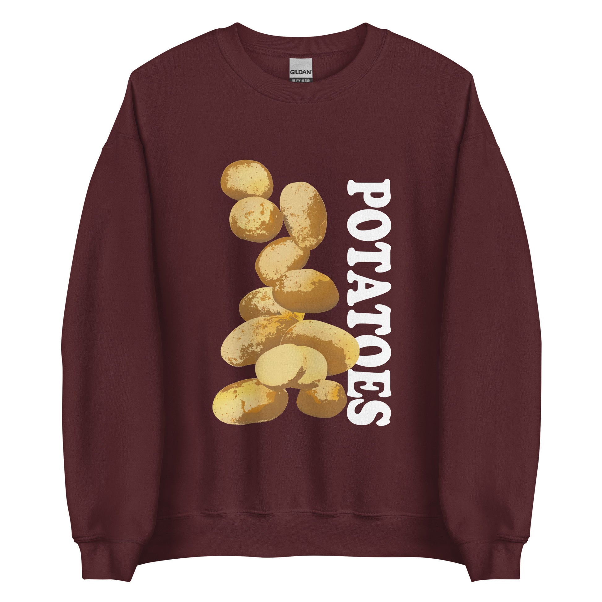 Maroon  sweatshirt with potatoes design - Love Potatoes? Looking for a unique gift for a fellow potato enthusiast? This unisex sweatshirt is warm, super soft and cozy, and made just for you. It comes in a variety of colors with a hand drawn potatoes design by Nina, expertly printed on the front.