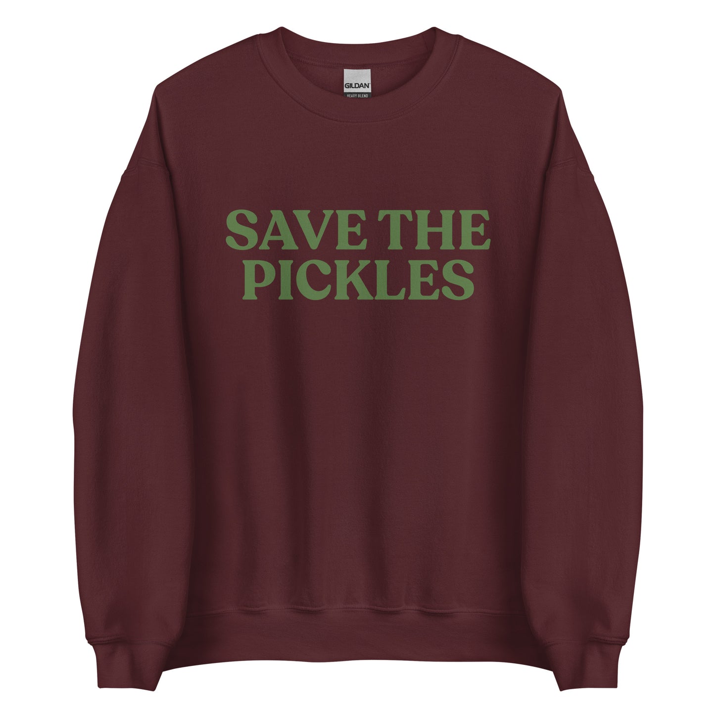 Maroon Save The Pickles Sweatshirt - Love pickles? Looking for a gift for a pickle lover? Our Save The Pickles Crewneck Sweatshirt might be just what you need! It's a soft and cozy sweatshirt with a pickle design, made just for you.