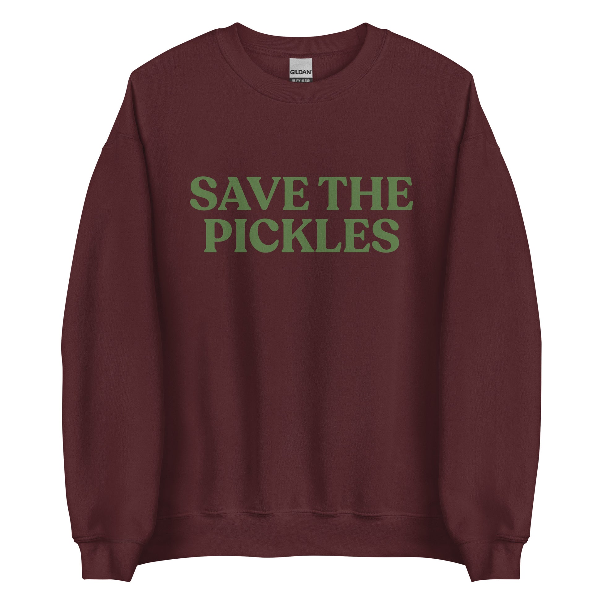 Maroon Save The Pickles Sweatshirt - Love pickles? Looking for a gift for a pickle lover? Our Save The Pickles Crewneck Sweatshirt might be just what you need! It's a soft and cozy sweatshirt with a pickle design, made just for you.