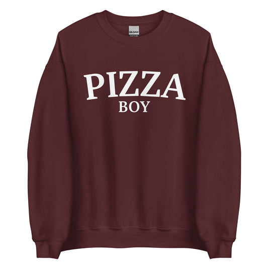 Maroon Pizza Boy Sweatshirt - Our Pizza Boy Crewneck Sweatshirt is super soft and cozy. Wear is as everyday streetwear or for lounging around the house eating pizza. It's the perfect sweatshirt pizza lovers or gift for foodies of all kinds. 
