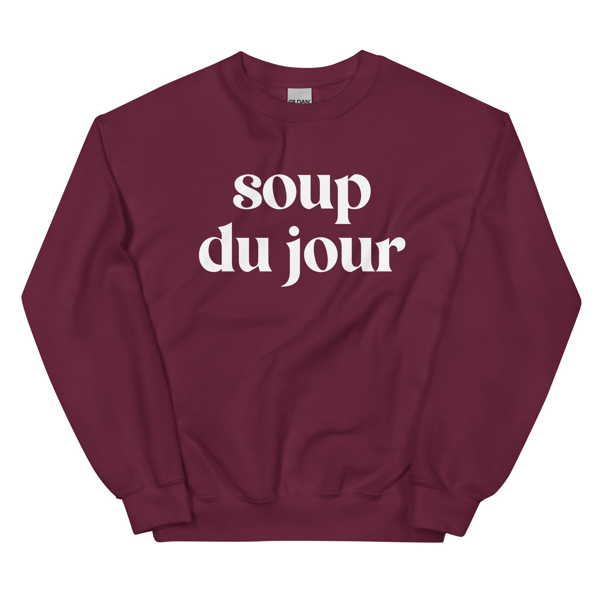 Maroon Soup Du Jour Sweatshirt - Love soup? Our Soup Du Jour Crewneck Sweatshirt is super soft, cozy and expertly printed just for you! Eat your favorite soup in this funny sweatshirt or give it as a gift for your favorite soup enthusiast. 
