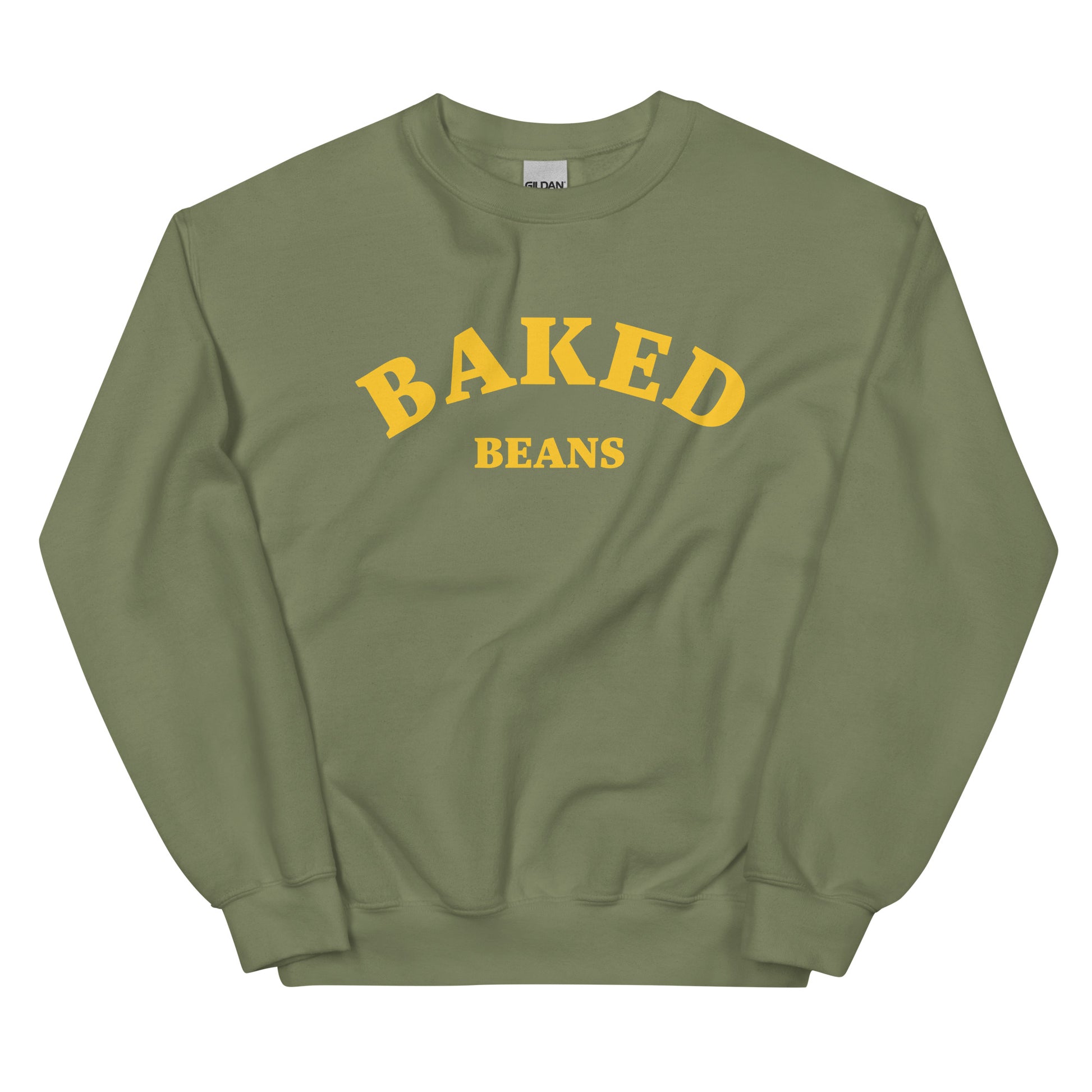 Military green baked beans sweatshirt - An baked beans sweatshirt for foodies and bean lovers of all kinds. This classic crew neck sweatshirt is soft, comfortable, designed for baked beans enthusiasts and made just for you. It's an unusual sweatshirt that stands out. A perfect funny weird and gift for foodies or a quirky sweatshirt for everyday streetwear.