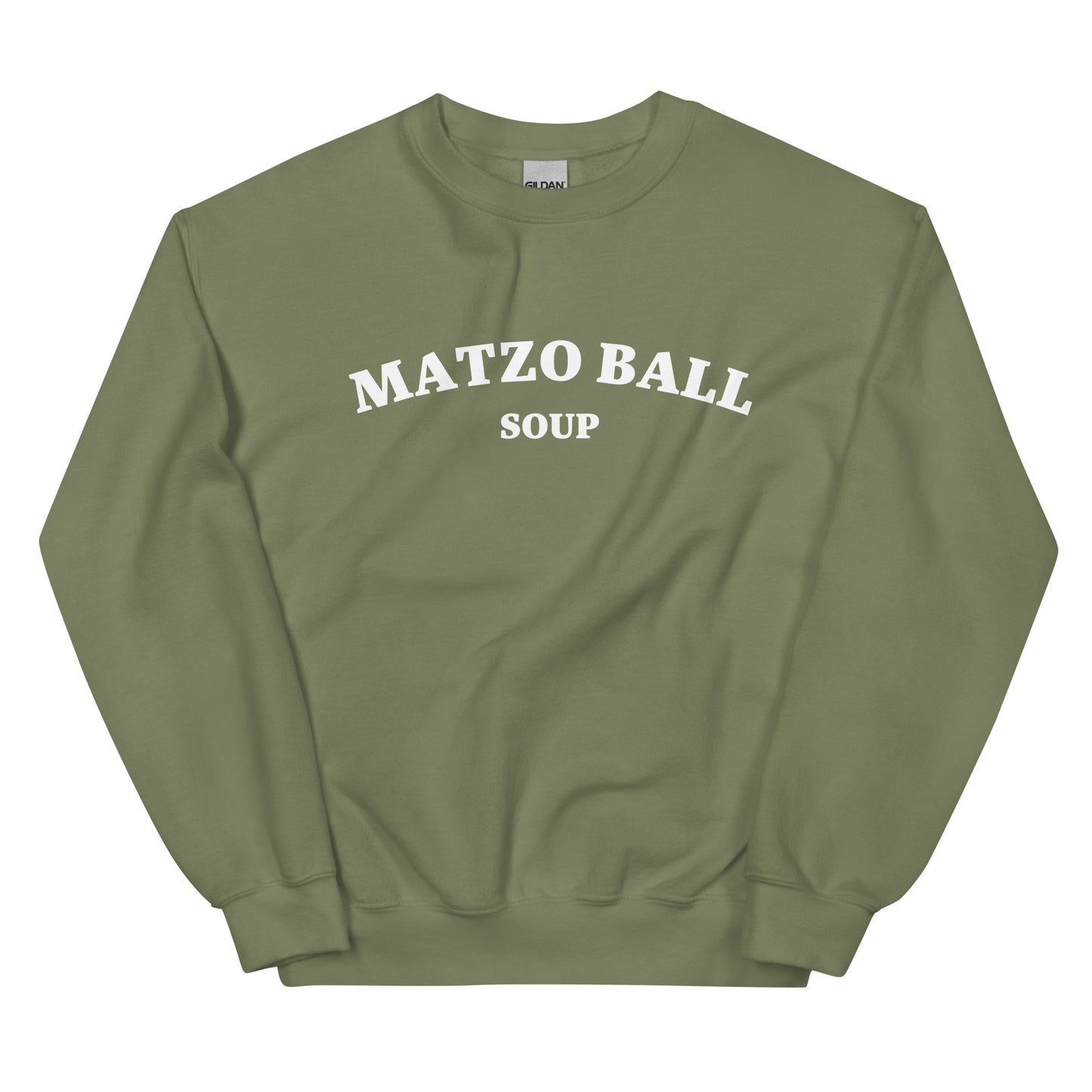 Army green matzo ball soup sweatshirt - A matzo ball soup sweatshirt for Jewish foodies and matzo ball soup lovers. This classic crew neck sweatshirt is designed for matzo ball enthusiasts. It's a funny Jewish food sweatshirt that stands out. A perfect funny gift for your favorite Jewish friend or a quirky sweatshirt for everyday matzo ball eaters.