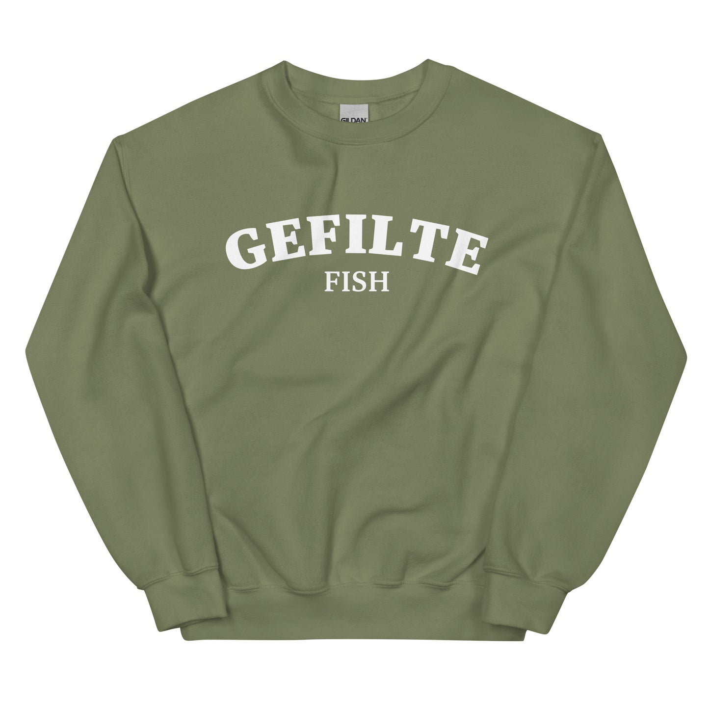 Army green gefilte fish sweatshirt unisex - Make a statement in this gefilte fish sweatshirt. It's a funny Jewish food sweatshirt that is soft, comfortable and sure to turn heads. Eat gefilte fish in style in this unusual foodie crew neck sweatshirt. What is gefilte fish? Gefilte fish is an Ashkenazi Jewish dish that is often served during celebrations and holidays.