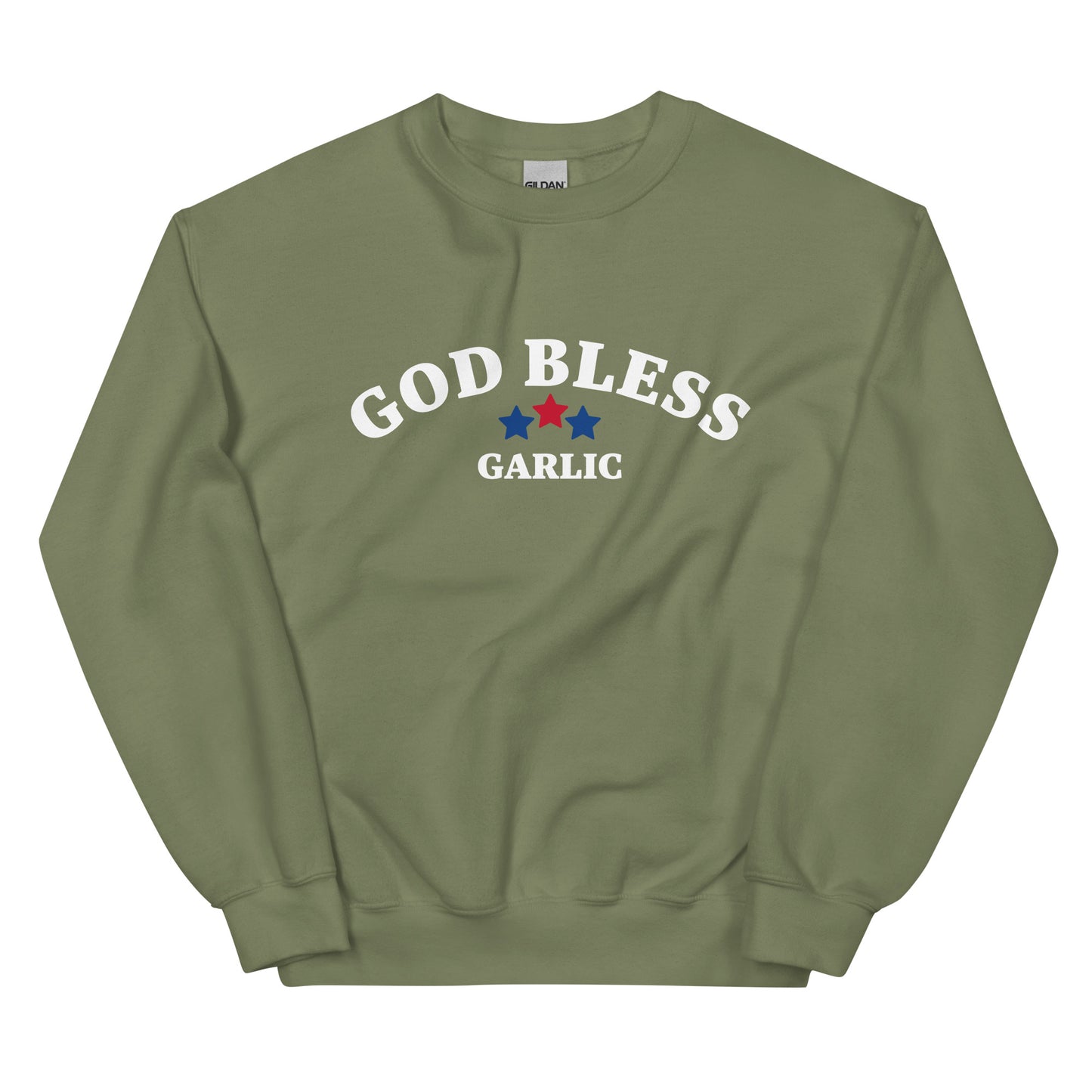 Army green dog bless garlic sweatshirt - This sarcastic foodie sweatshirt is made for garlic enthusiasts! It's a classic crew neck garlic lover sweatshirt with the words "God Bless Garlic" on the front. Designed for food lovers, this funny food sweatshirt is perfect for cozy nights, 4th of July BBQs, or a funny gift for garlic lovers and foodies of all kinds.