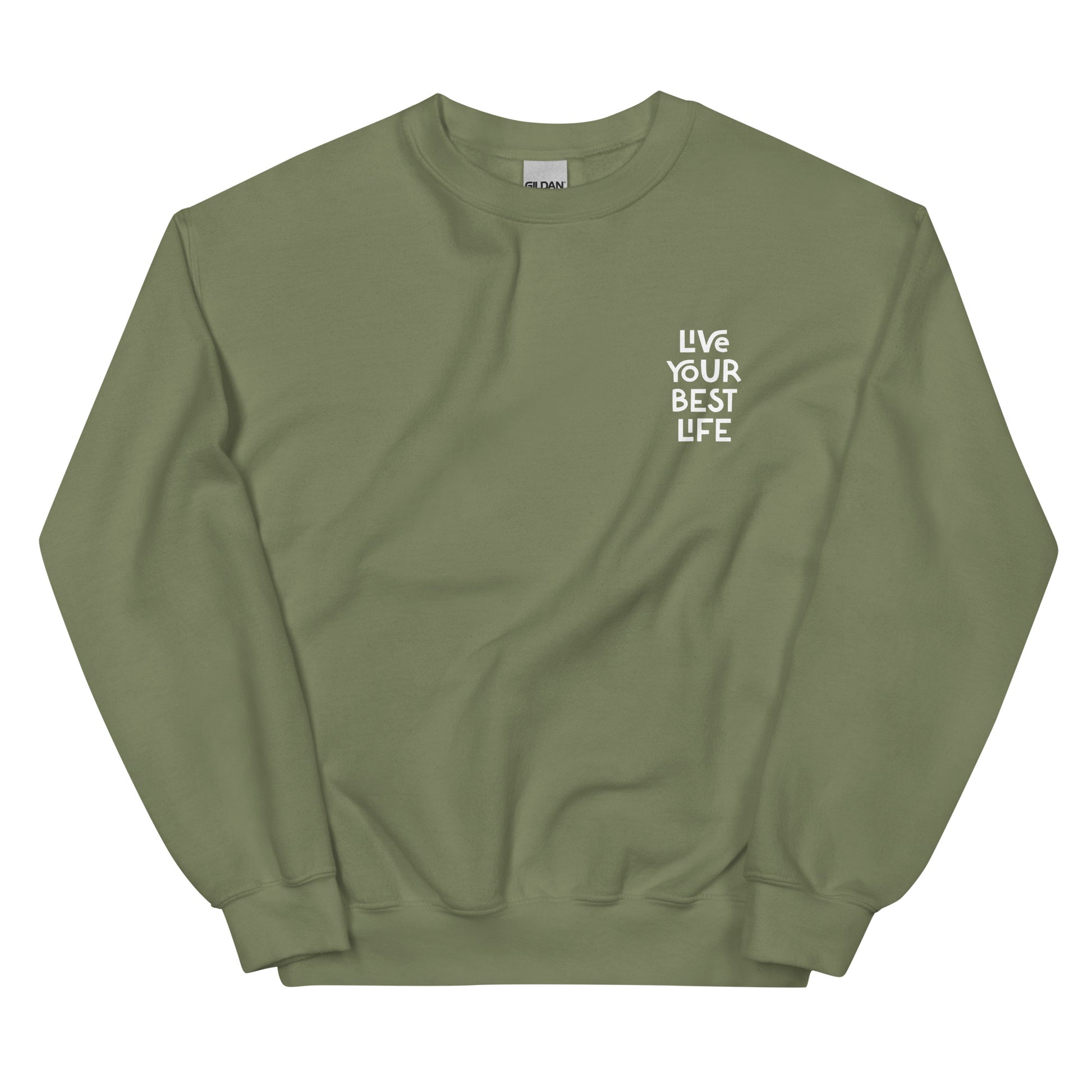 Army green live your best life sweatshirt from Nina's Funky Shop by ninanush - Hectic ✨ Live your best life in this unique and happy sweatshirt with a meaningful quote expertly printed on the front. It's a unisex, classic crew neck sweatshirt that spreads positivity in a variety of colors. Perfect for cozy nights or stand out streetwear, this sweatshirt is designed by Nina and made just for you.