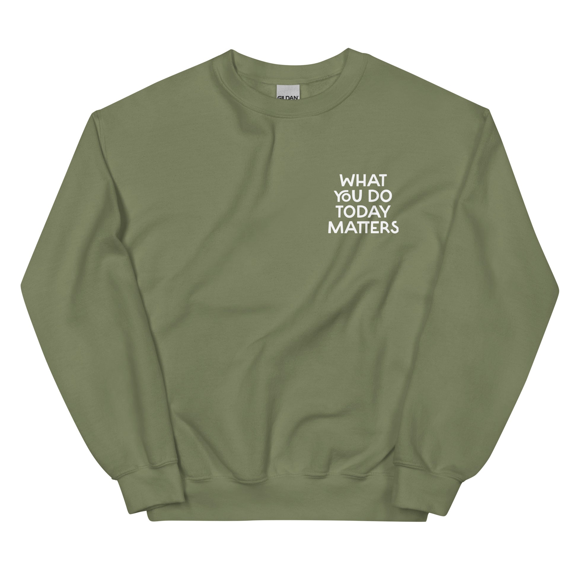 Green what you do today matters sweatshirt from Nina's Funky Shop by ninanush - What you do today matters. Strive to be your best self and spread positivity in this unique and happy sweatshirt with a meaningful quote, expertly printed on the front and back. It's a unisex, classic crew neck postitive saying sweatshirt that comes in a variety of colors. Perfect for cozy nights in or stand out streetwear.