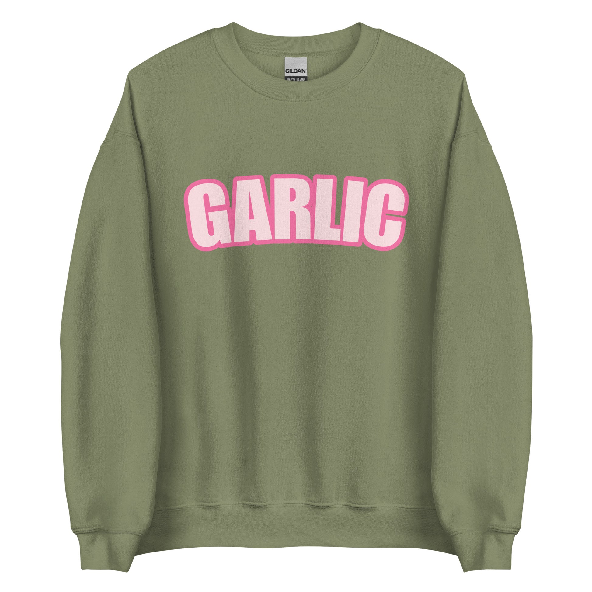 Army Green Garlic Sweatshirt from Nina's Funky Shop by ninanush - Our Pink Garlic Sweatshirt is a perfect funny foodie sweatshirt for garlic lovers. It's a unisex, crew neck sweatshirt with the word "Garlic", expertly printed on the front. Perfect for cozy nights in or stand out streetwear for foodies, this garlic enthusiast sweatshirt is designed by Nina and made just for you.