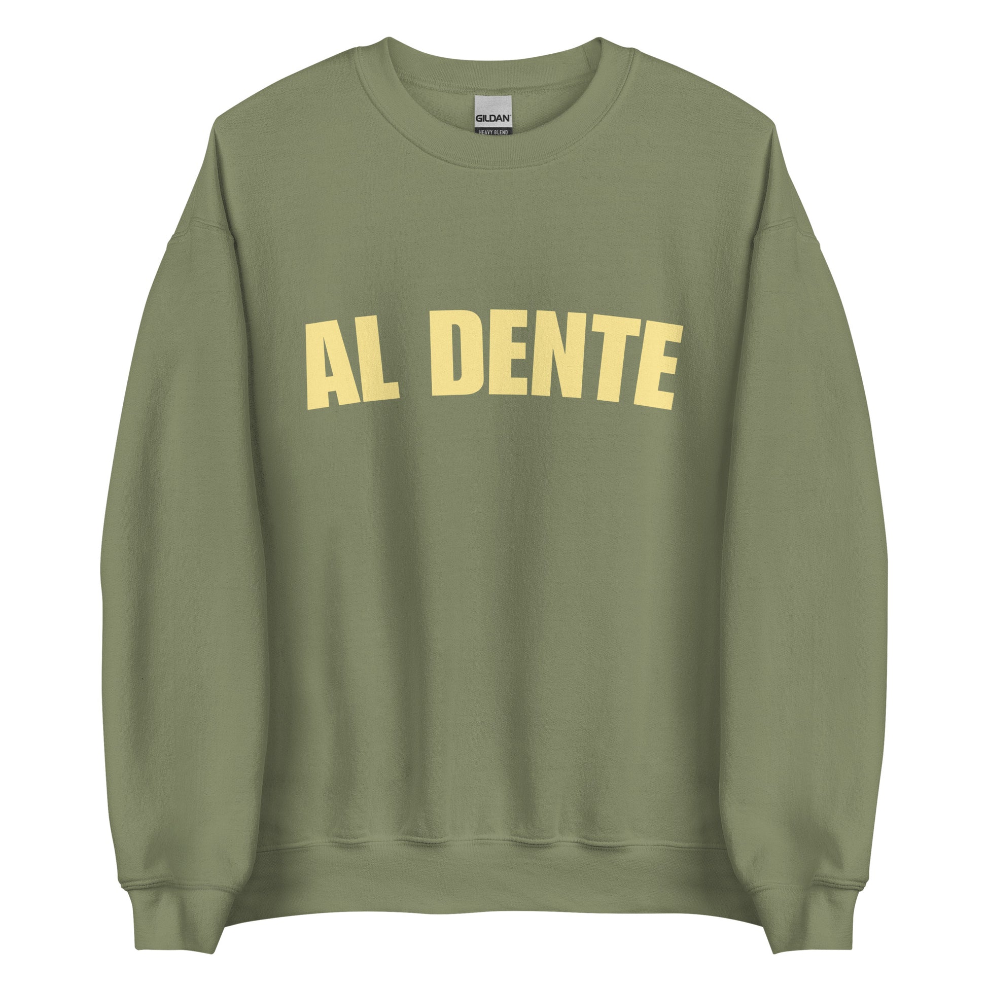 Army Green Al Dente Sweatshirt from Nina's Funky Shop by ninanush - Our Al Dente Sweatshirt is soft, comfortable and a funny Italian cooking sweatshirt for foodies. It's a unisex, crew neck sweatshirt that comes in a variety of colors with the "Al Dente", expertly printed on the front. Perfect for cozy nights in or stand out streetwear for foodies. An Al Dente sweatshirt, made just for you.