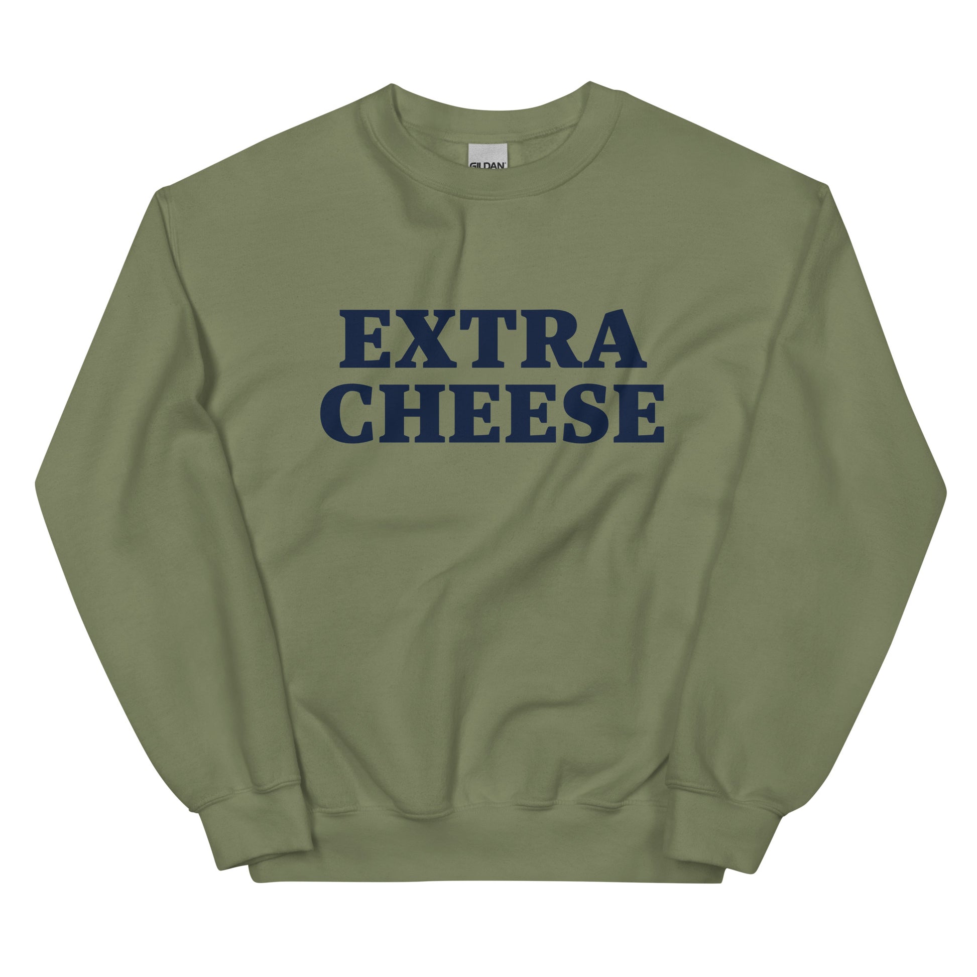 Army Green Extra Cheese Sweatshirt from Nina's Funky Shop by ninanush - Love cheese? Want more? Make your priorities known in this Extra Cheese Sweatshirt. It's a funny foodie sweatshirt for cheese lovers. This unisex, crew neck sweatshirt comes in a variety of colors with "cheese", on the front. This college-style cheese enthusiast sweatshirt is designed by Nina and made just for you.