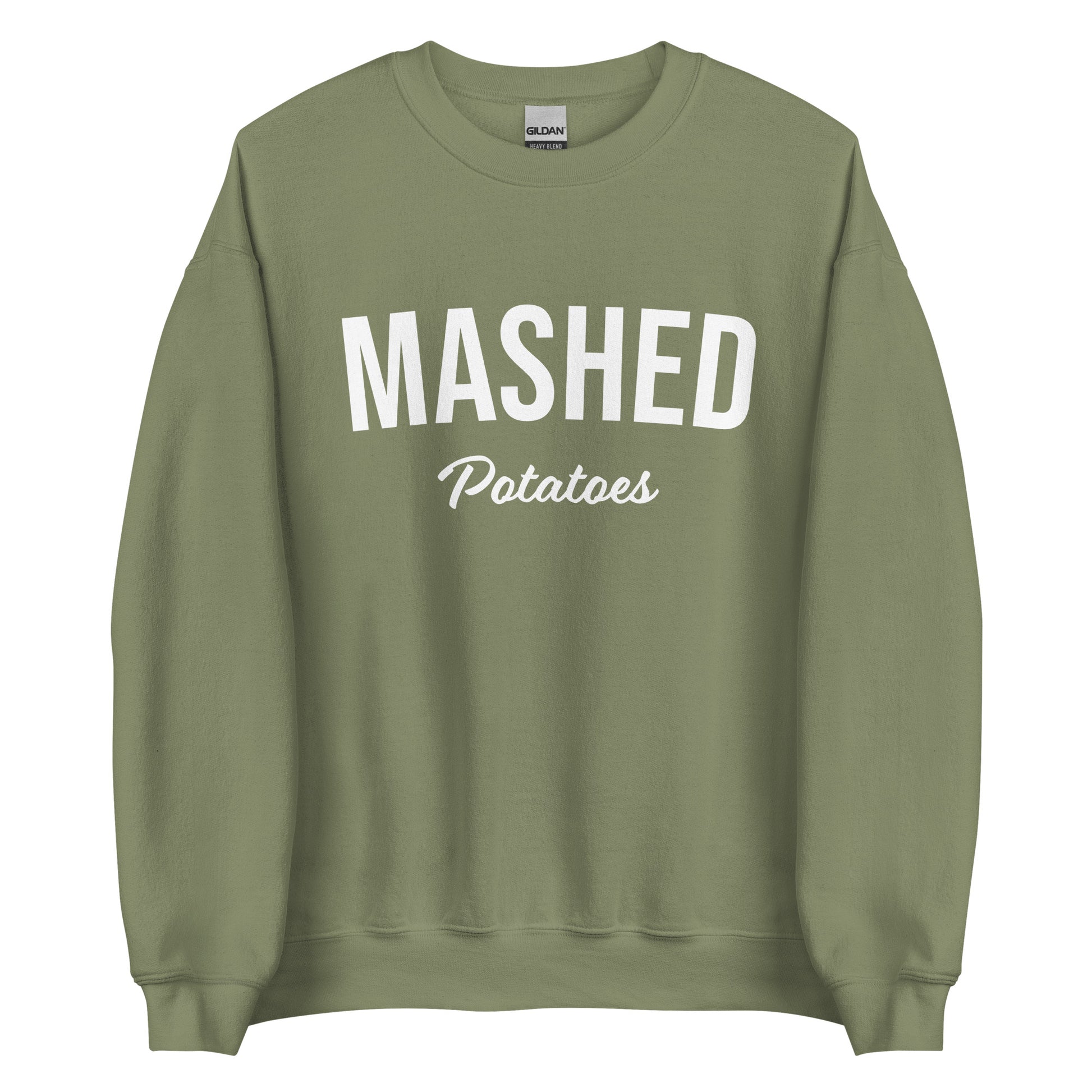 Army Green Mashed Potatoes Sweatshirt from Nina's Funky Shop by ninanush - Do you love mashed potatoes? Looking for a fun potato lover gift? Our Mashed Potatoes Sweatshirt is just what you need. It's a unisex, varsity crew neck sweatshirt that comes in a variety of colors with "Mashed Potatoes" on the front. This mashed potato enthusiast sweatshirt is perfect funky streetwear for foodies.