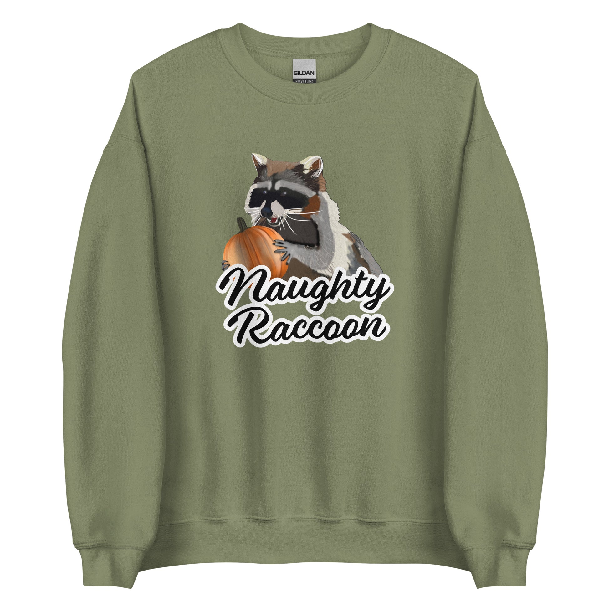 Army Green Naughty Raccoon Pumpkin Sweatshirt from Nina's Funky Shop by ninanush - Love raccoons? Looking for a fun raccoon lover gift? Our Naughty Raccoon Sweatshirt is soft, comfortable and just what you need. It's a unisex, crew neck sweatshirt with a raccoon holding a pumpkin and "Naughty Raccoon", expertly printed on the front. Stand out this spooky season in our funny Raccoon Sweatshirts.