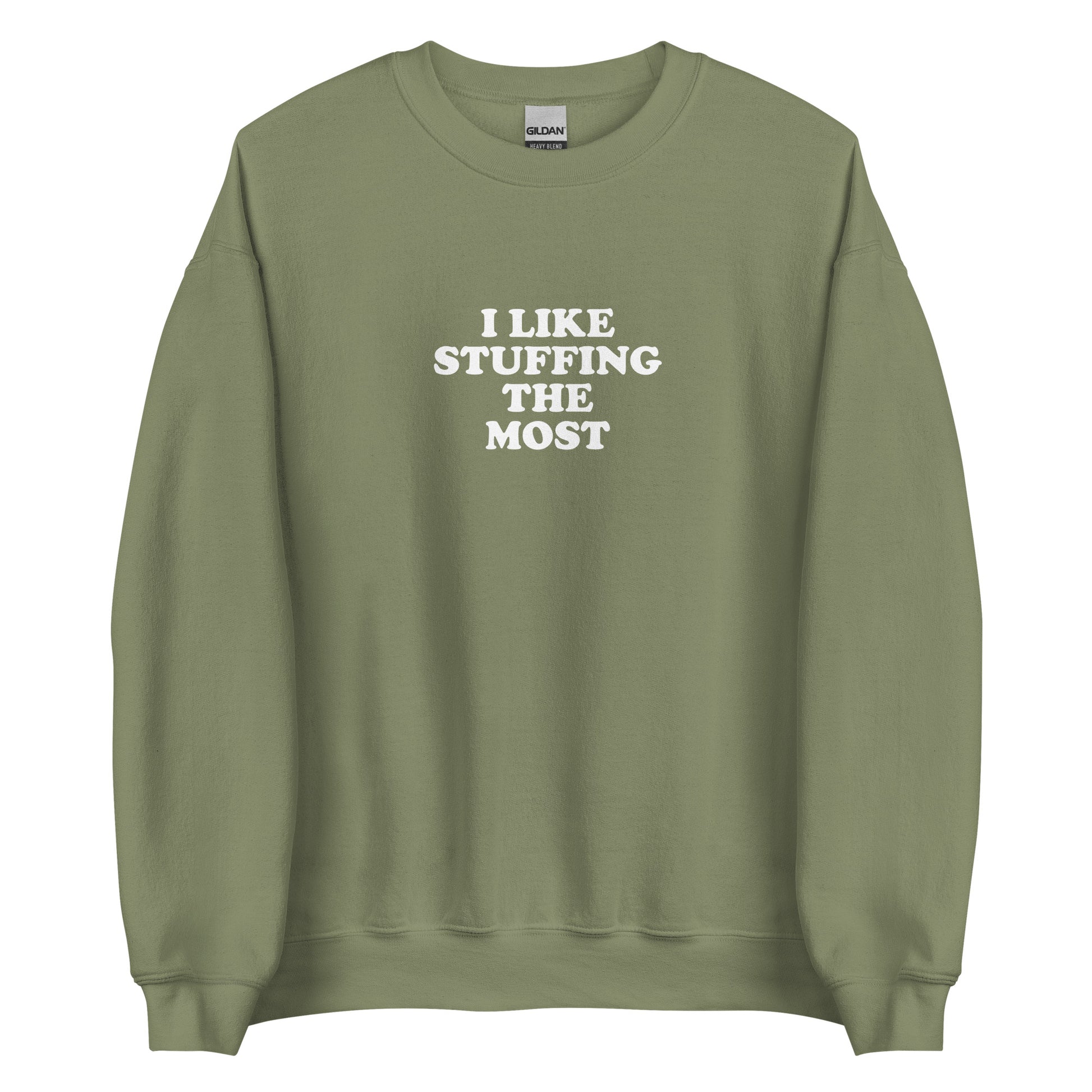 Army Green I Like Stuffing the Most Sweatshirt from Nina's Funky Shop by ninanush - Do you love stuffing? Looking for a funny thanksgiving gift? Our I Like Stuffing The Most Crew Neck Sweatshirt is soft, comfortable and just what you need. It's a unisex foodie sweatshirt that comes in a variety of colors with "I Like Stuffing The Most", expertly printed on the front. A funny foodie sweatshirt for cozy nights in or stand out stuffing lover streetwear.